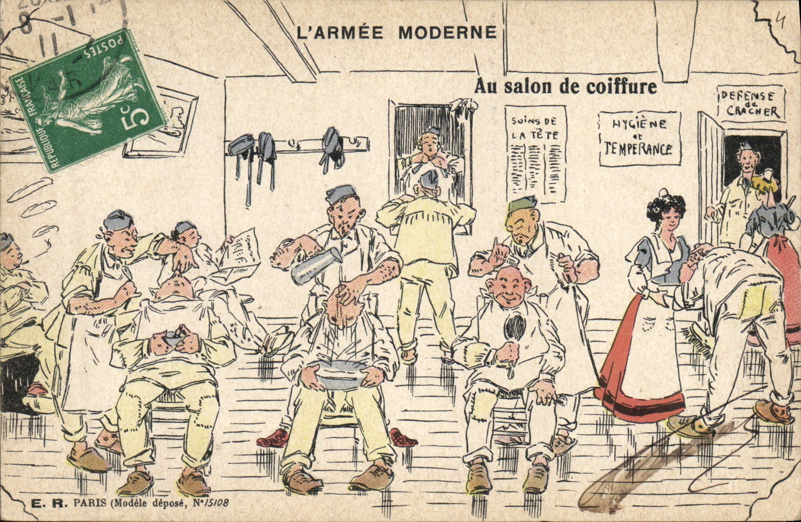 CPA Fantaisie Militaria Au salon de coiffure Coiffeur