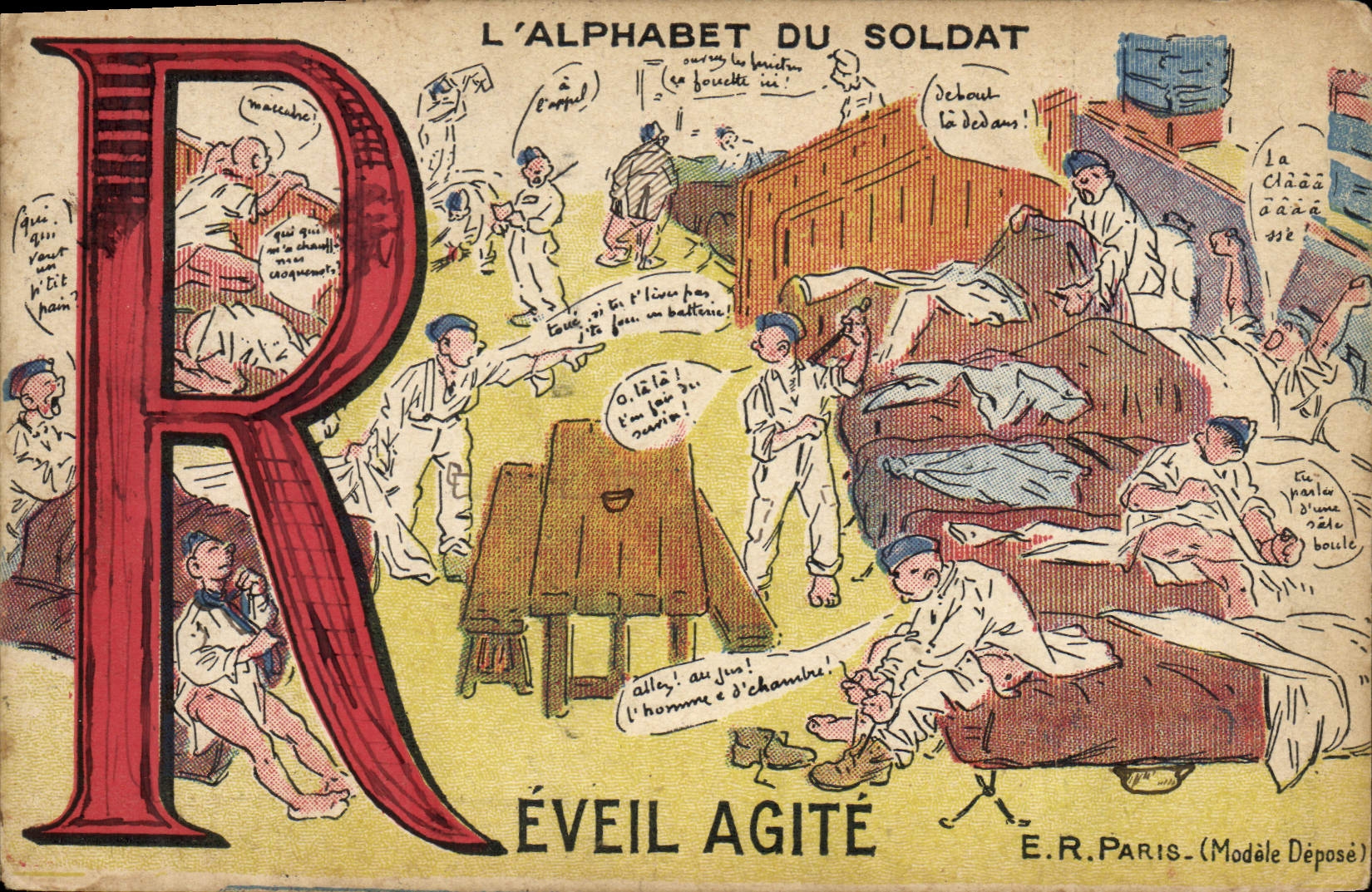 CPA Fantaisie Militaria L'alphabet du soldat Reveil agite