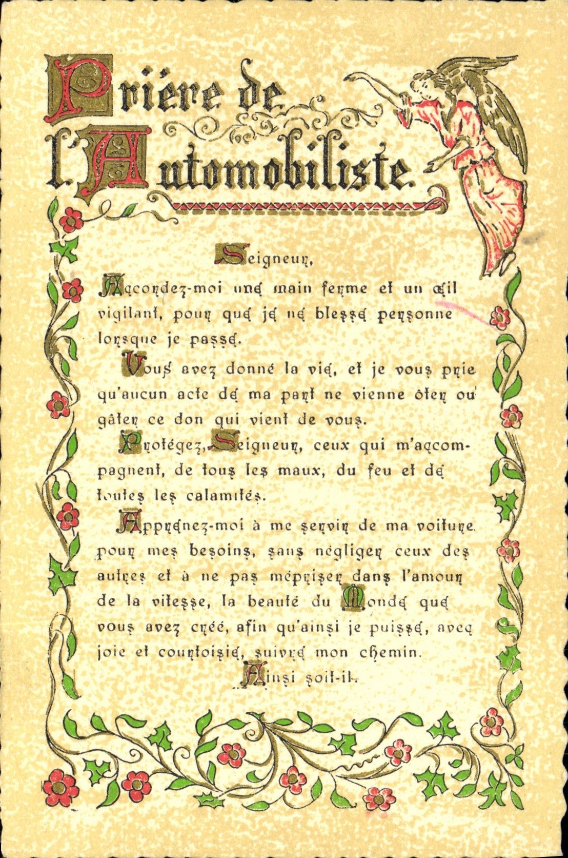 VINTAGE POSTCARD Prayer of the Automobile motorist