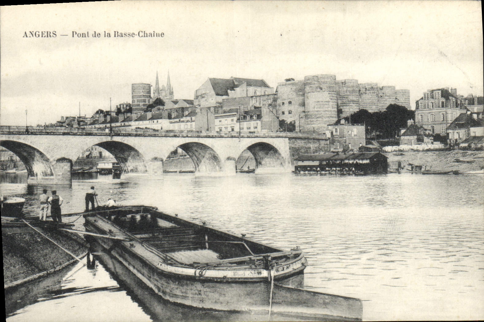 VINTAGE POSTCARD Boat Barge Angers Bridge of the Low Chain