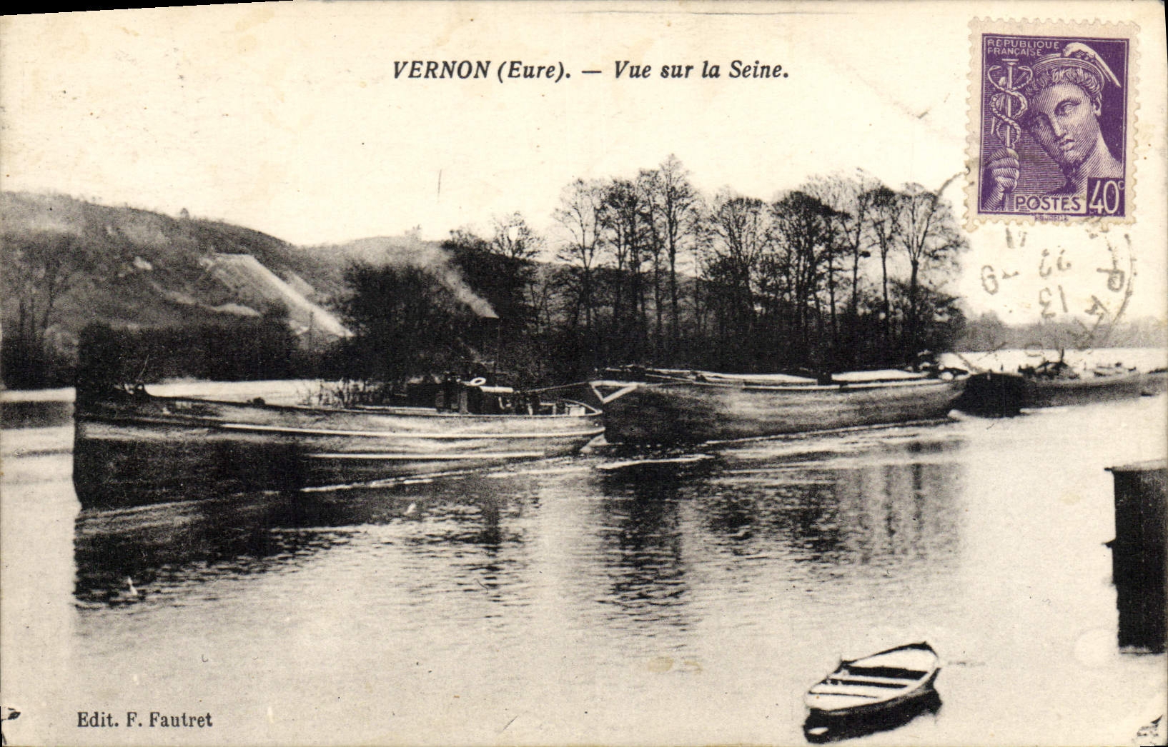 VINTAGE POSTCARD Boat Vernon Barge Seen on the Seine