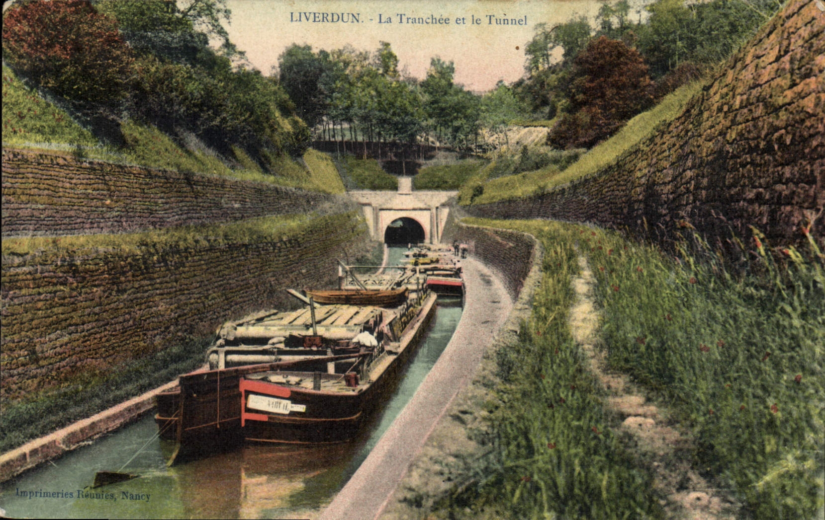VINTAGE POSTCARD Boat Liverdun Barge the trench and the tunnel