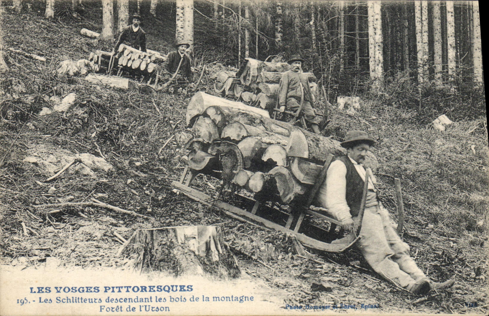 VINTAGE POSTCARD Drill Folklore the Vosges Schlitteurs descending wood from the mountain Drill of Urson TOP