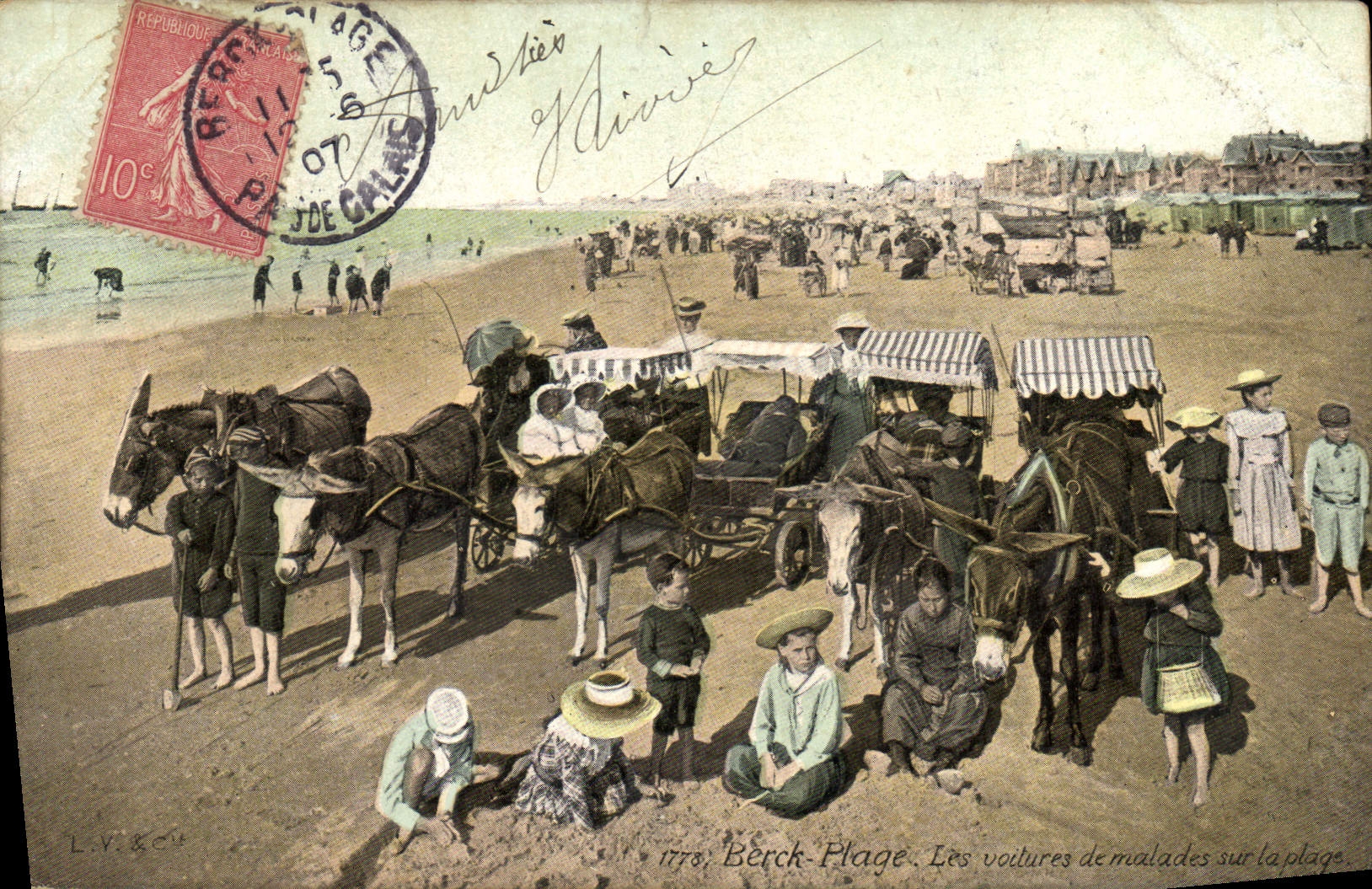 VINTAGE POSTCARD Ass Mule Berck Beach cars of patients on the beach