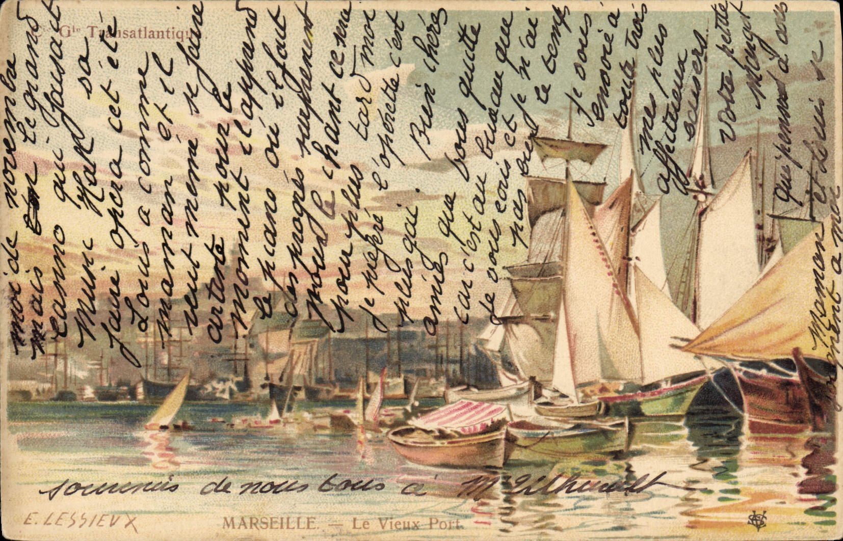 Ilustrador de Marsella de la fantasía de la POSTAL de la VENDIMIA los barcos del puerto viejo