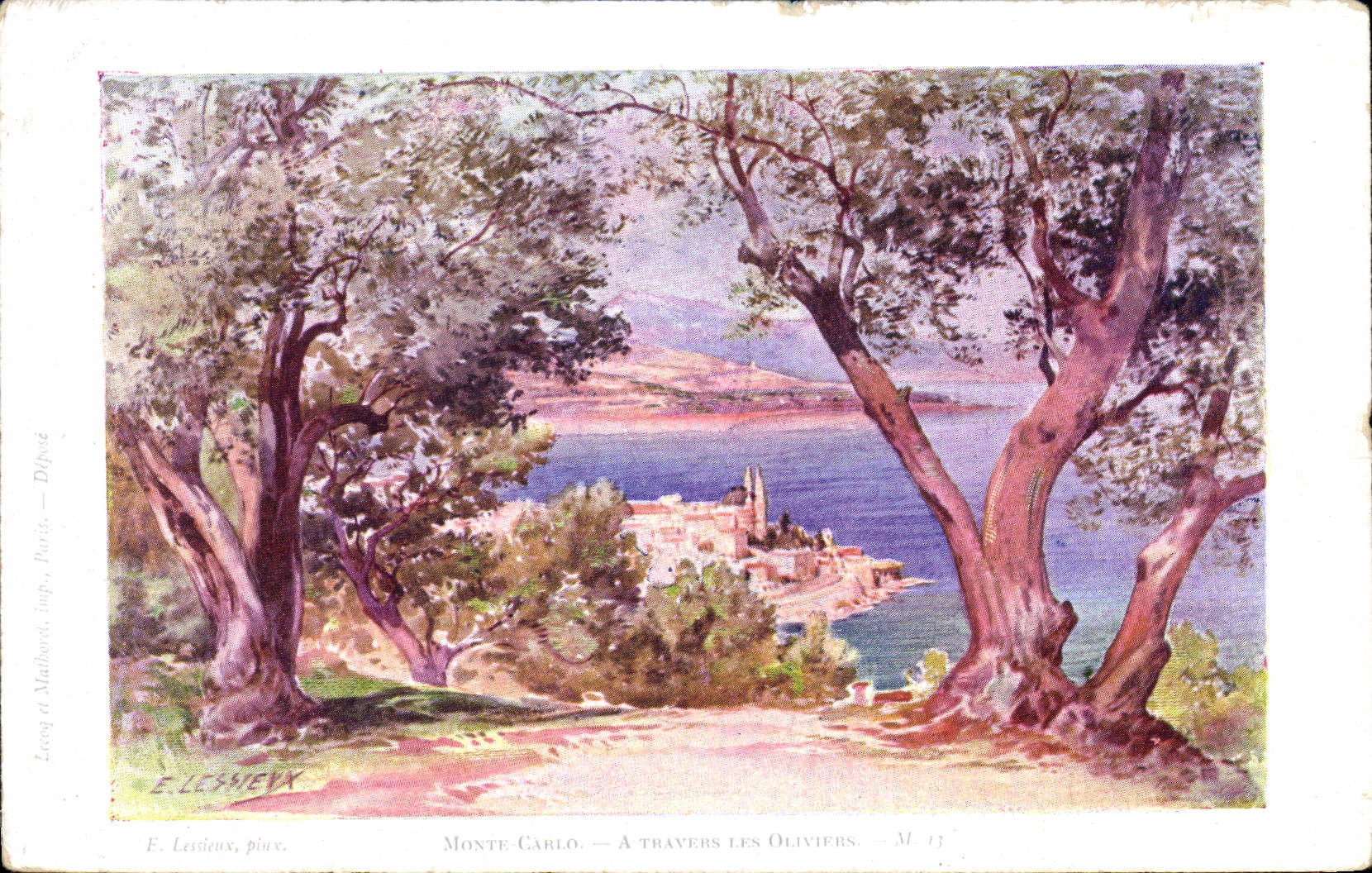 VINTAGE POSTCARD Fantasy Monte Carlo Illustrator Through the olive-trees
