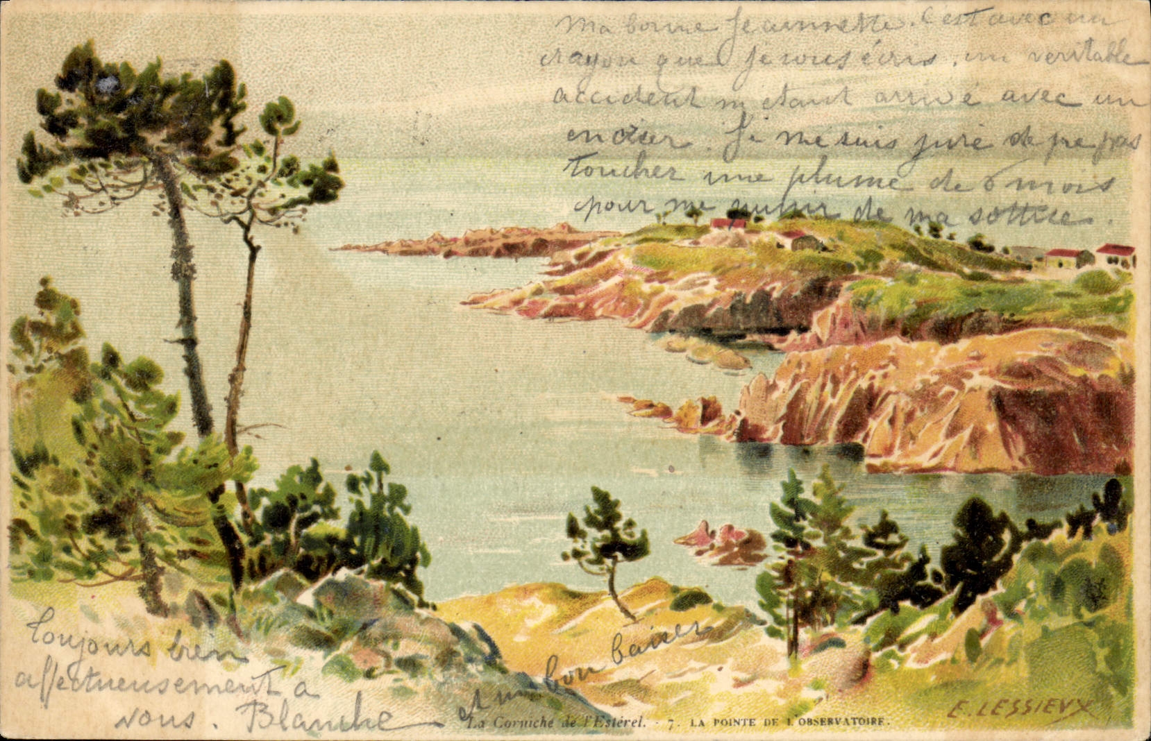 Ilustrador de la fantasía de la POSTAL de la VENDIMIA la cornisa de Esterel el punto del observatorio