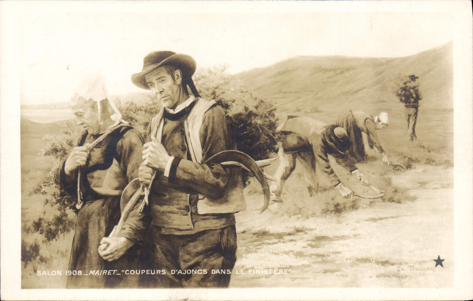CPA Folklore Salon 1908 Mairet Coupeurs d'ajoncs dans le Finistere 