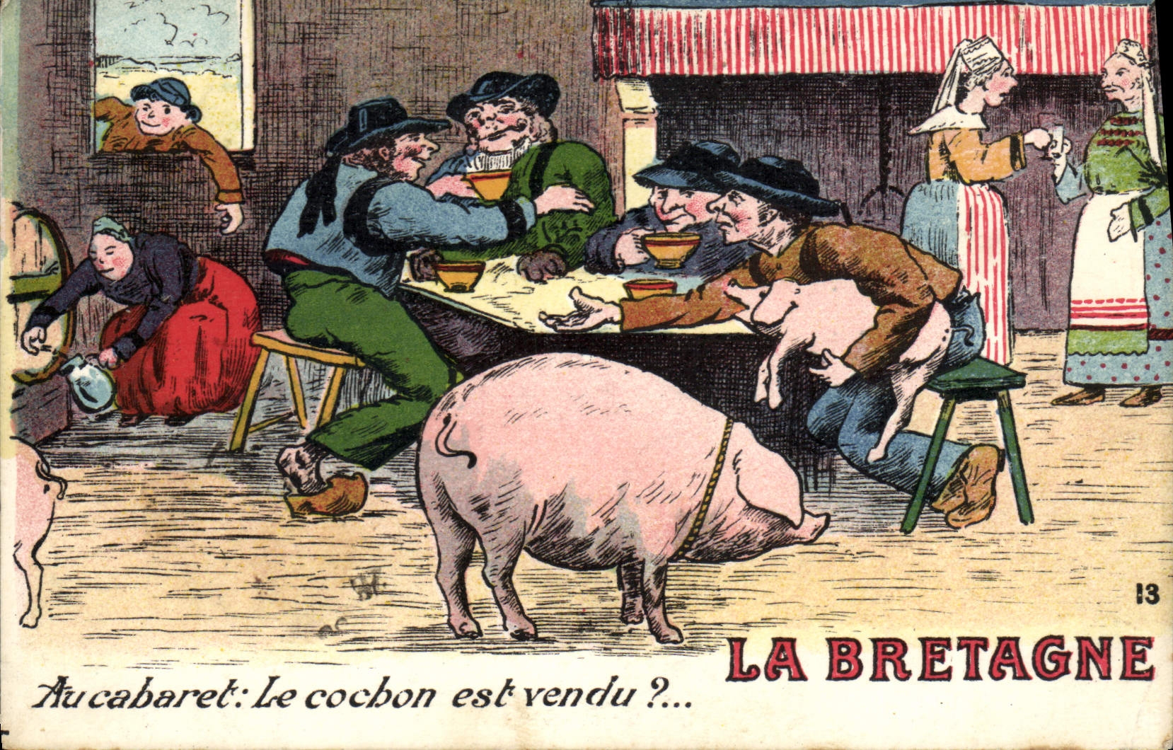 CPA Folklore Bretagne Au cabaret Le cochon est vendu ? Porc 