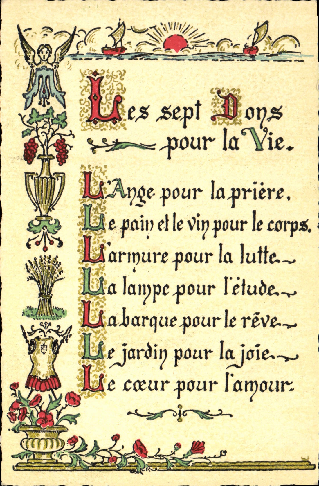 CPA Fantaisie Devise Les sept dons pour la vie