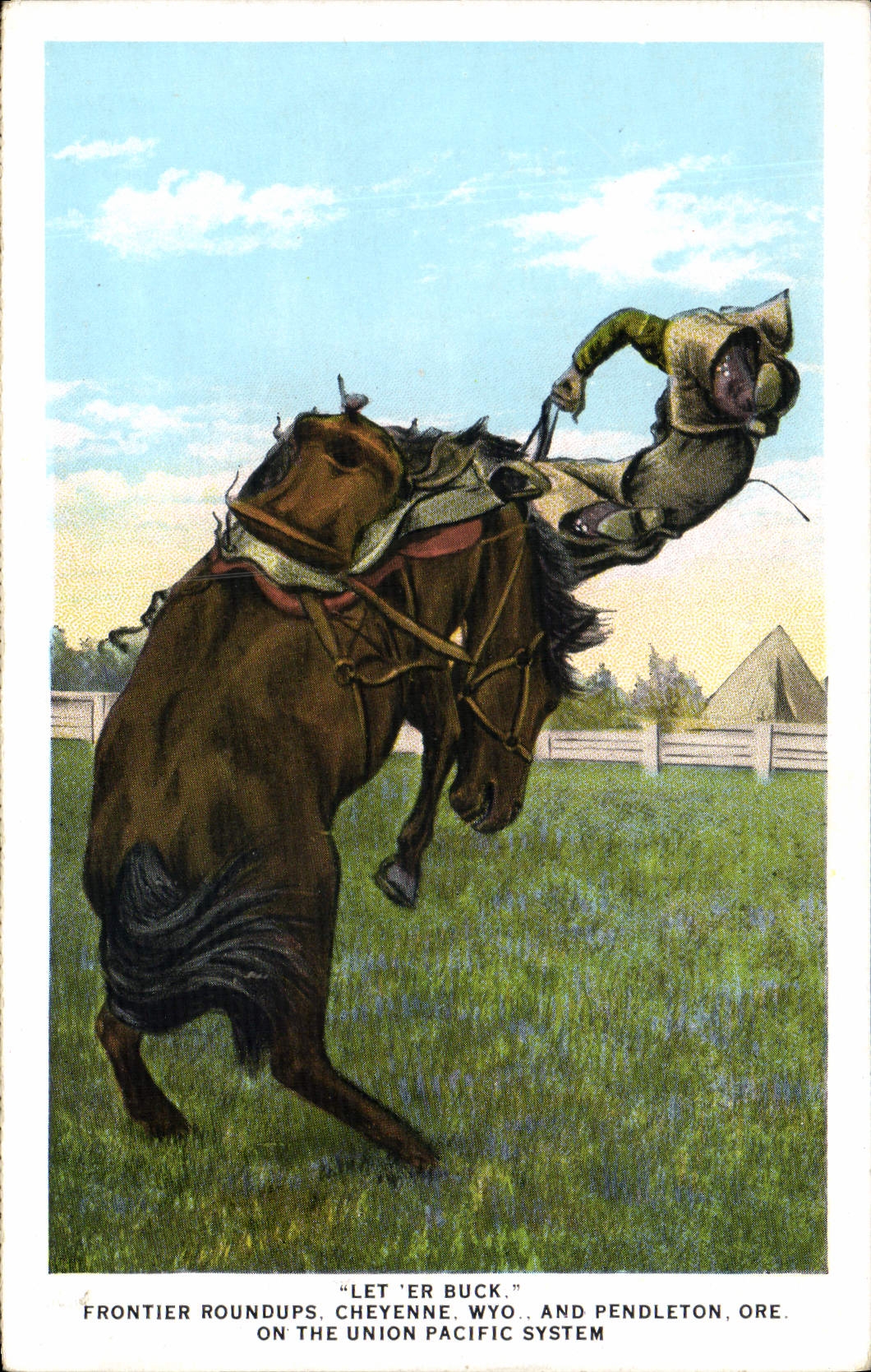 CPA Far West Cow Boy Frontier Roundups Cheyenne Wyo and Pendelton Ore on the union Pacific System Rodeo