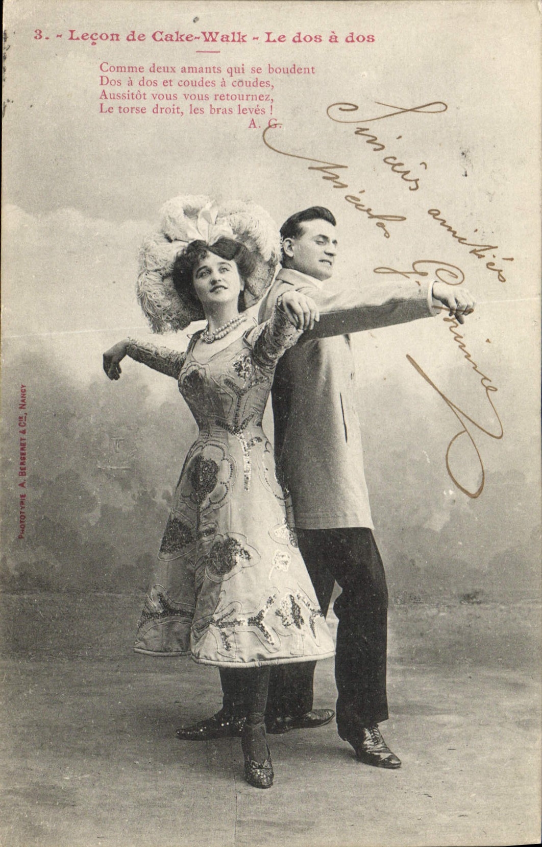 VINTAGE POSTCARD Fantaisie Dances Lesson of Walk Cake the back has back