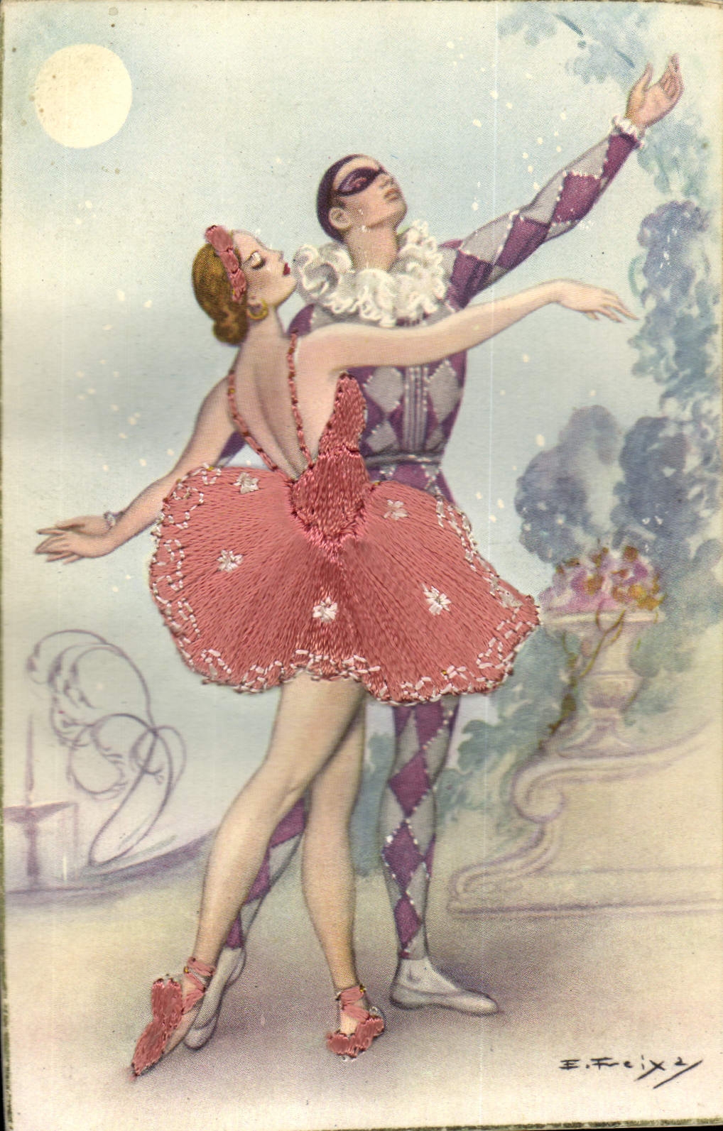 VINTAGE POSTCARD Fantaisie Dances Woman (fabric dress)