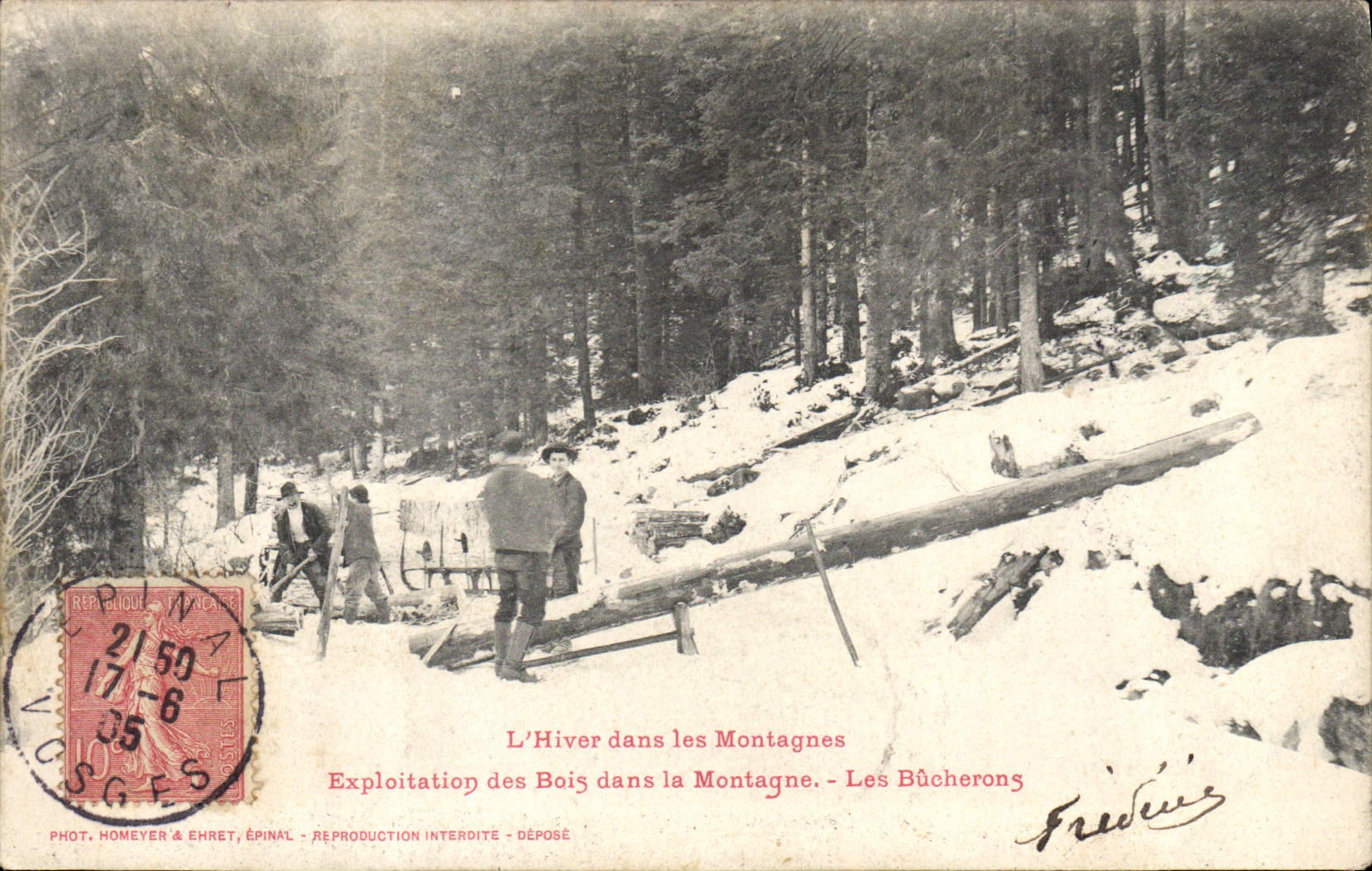 VINTAGE POSTCARD Folklore the winter in the mountains Exploitation of wood in the mountain loggers