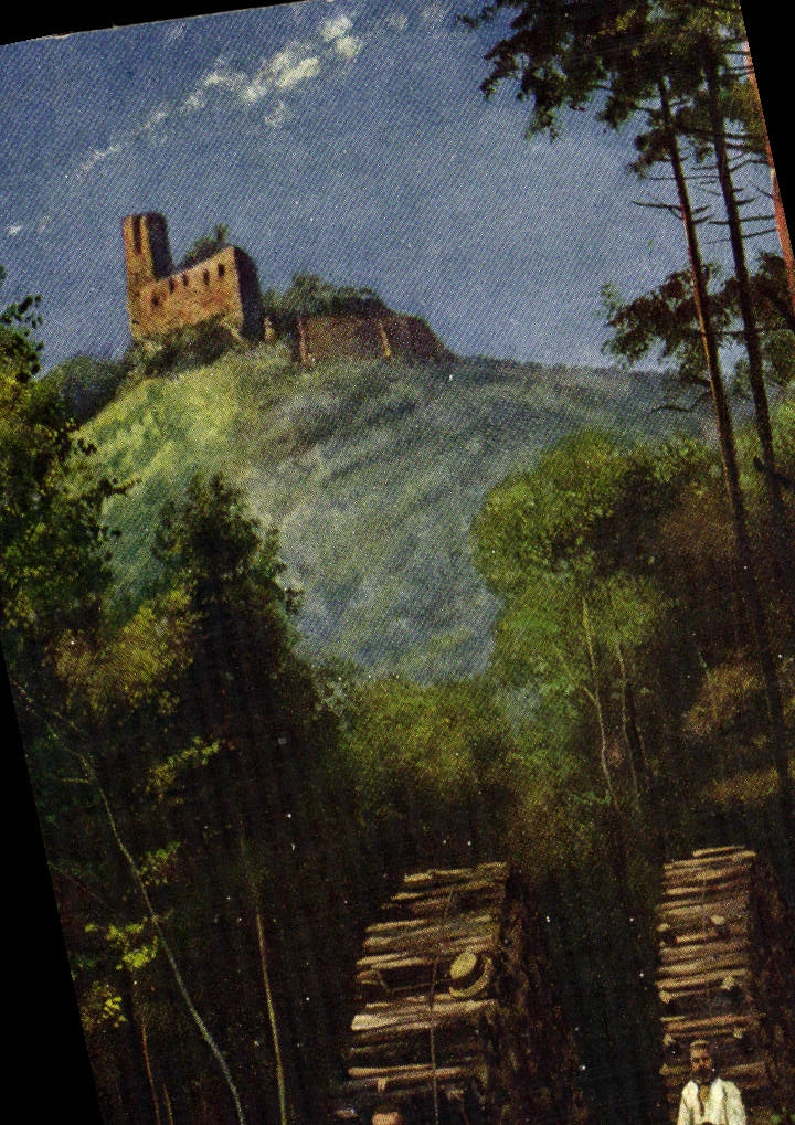 CPA Folklore Schlitteurs Holzchlitter bei der Ruine Spesburg