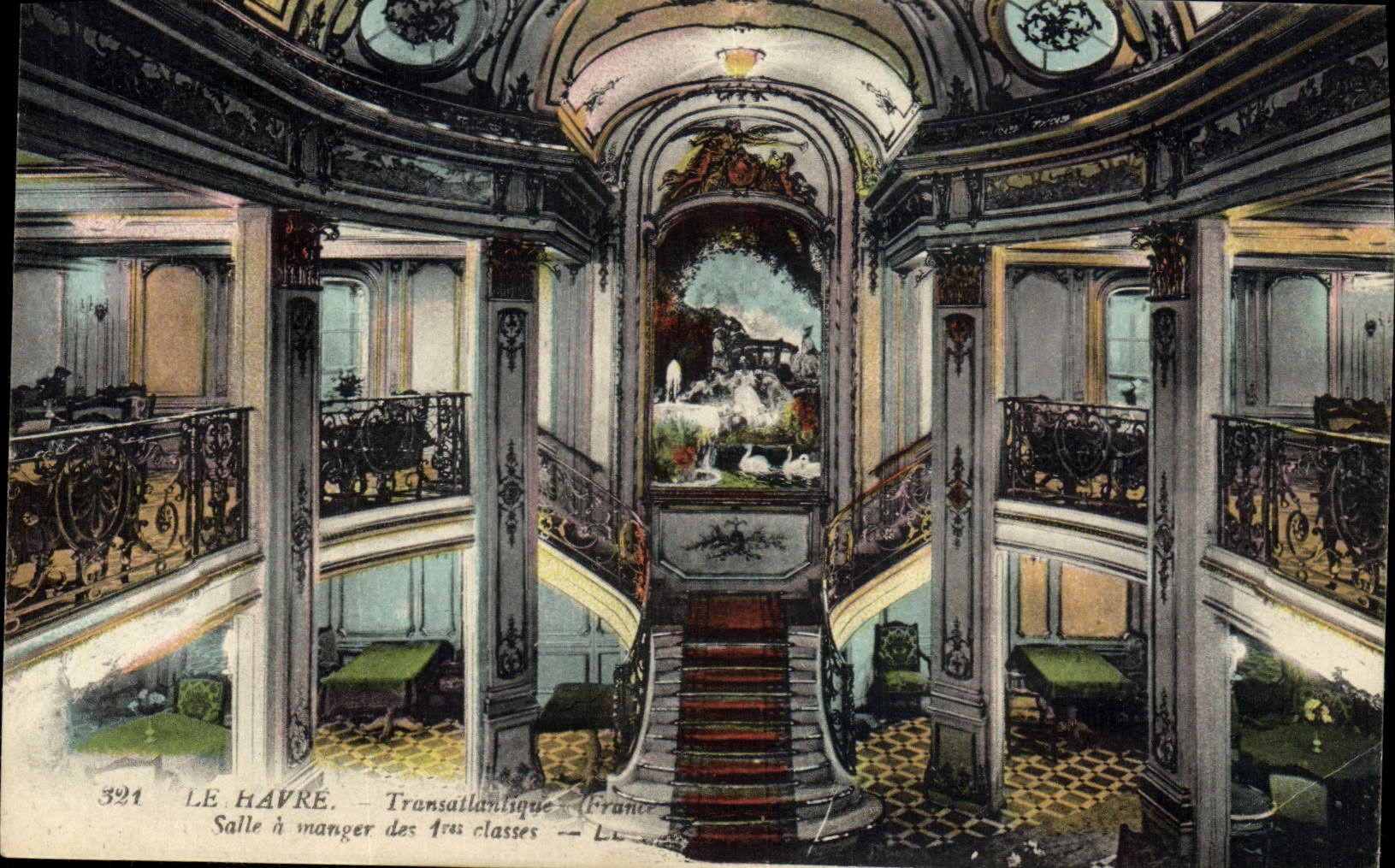 VINTAGE POSTCARD Boat Steamer Transatlantic Le Havre France Dining room of the 1st classes