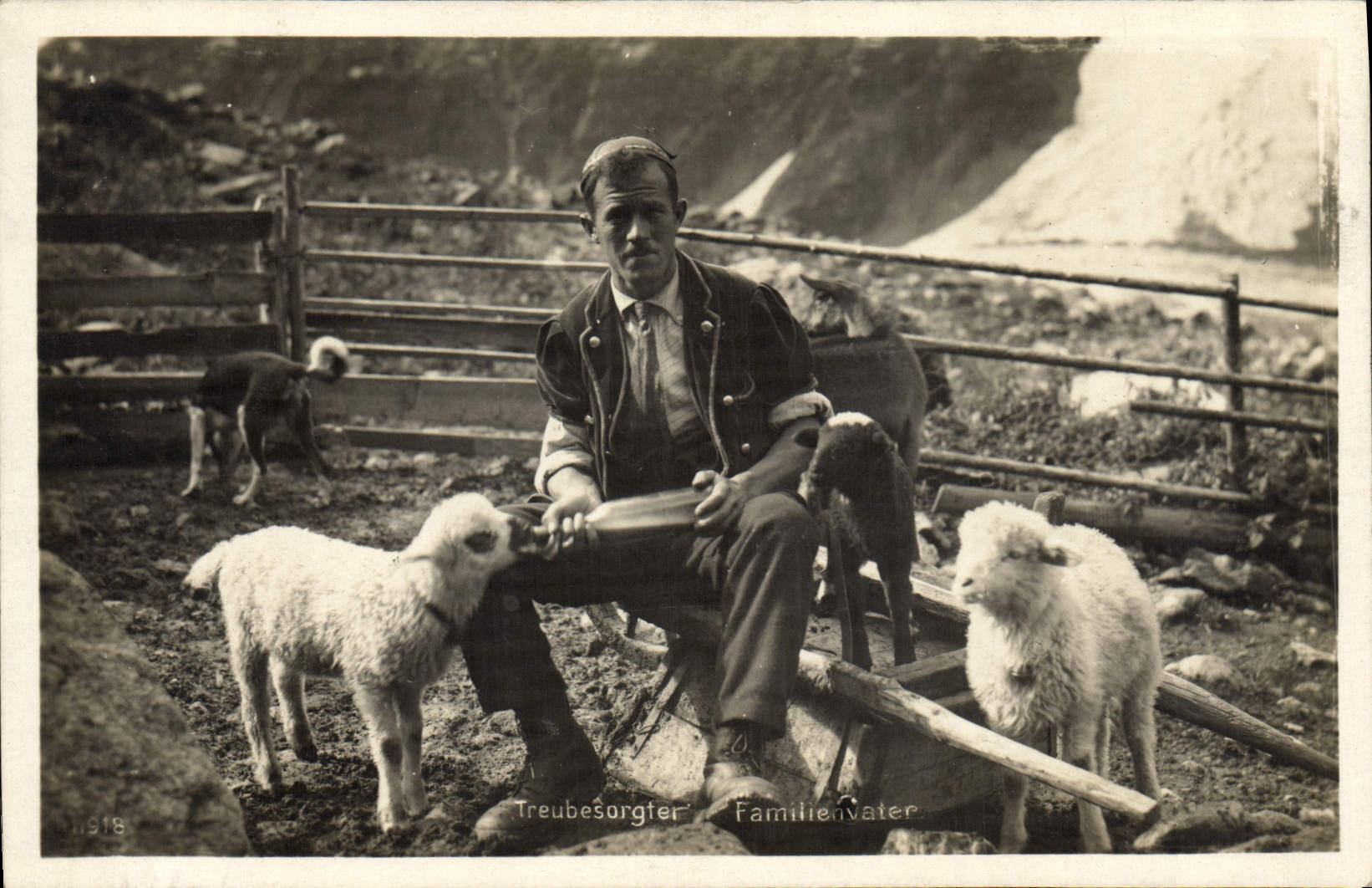 CPA Treubesorgter Familienvater Agneau Chien 
