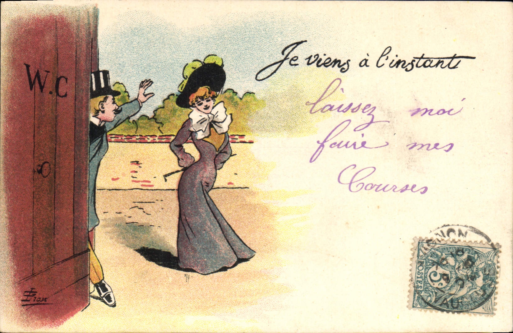 VINTAGE POSTCARD Fantaisie Illustrator G Lion I come at the Femme moment to hat WC