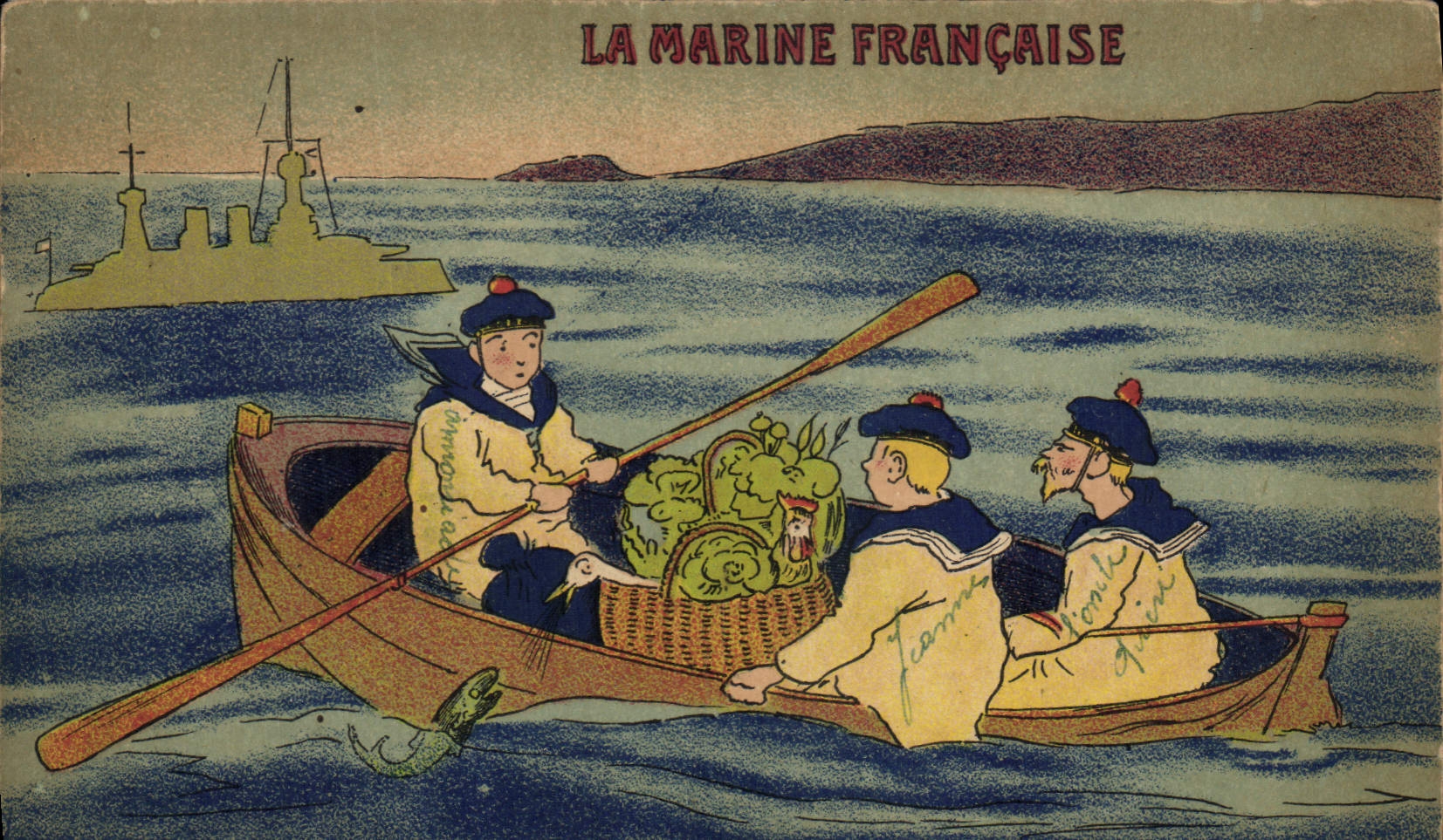 VINTAGE POSTCARD Fantasy Militaria Marine the post office with the cabbages Boat