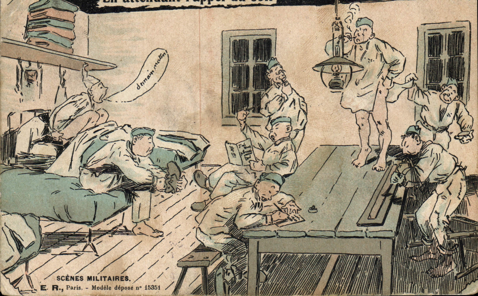 CPA Fantaisie Militaria En attendant l'appel du soir