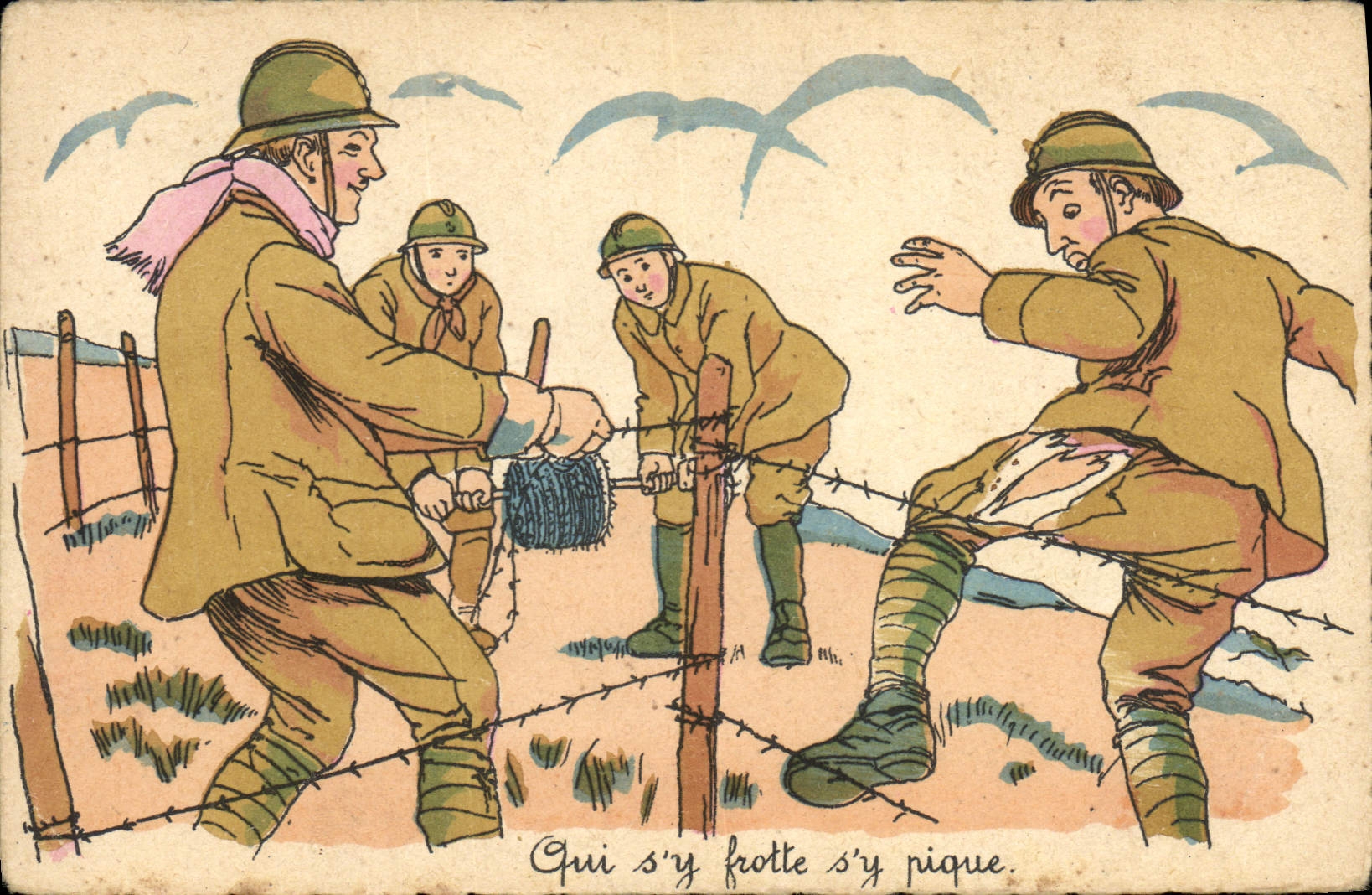 VINTAGE POSTCARD Fantaisie Militaria Which rubs there pricks there