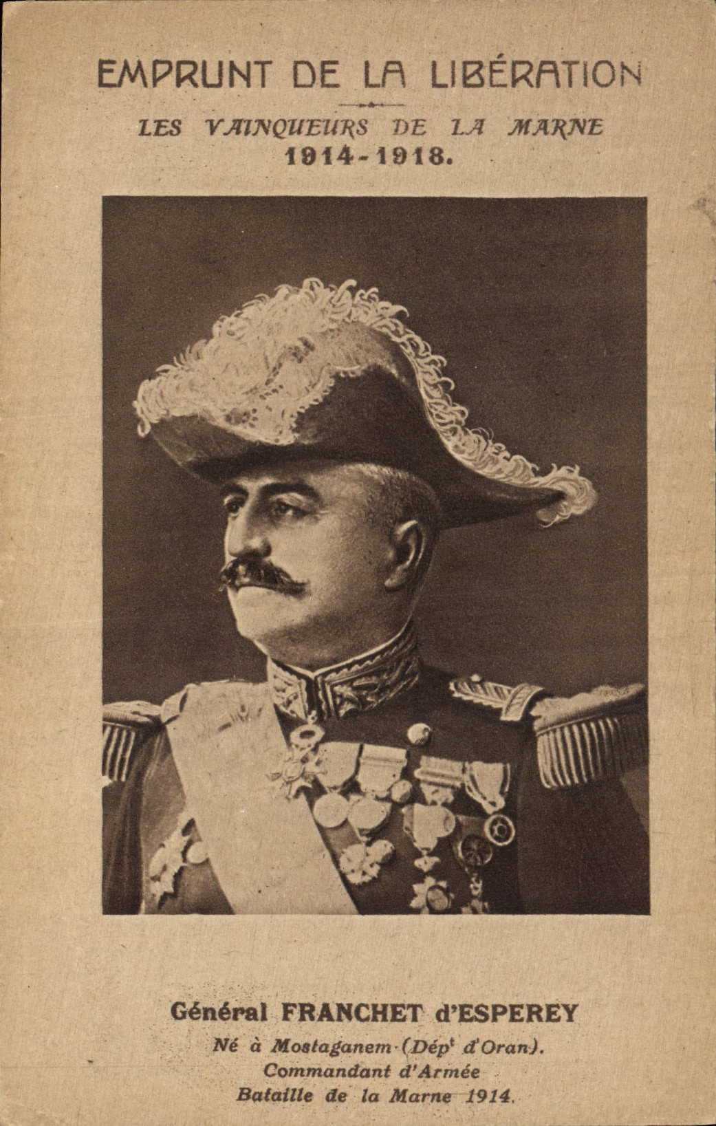 CPA Fantaisie Militaria Emprunt de la Liberation Vainqueurs de la Marne General Franchet d'Esperey