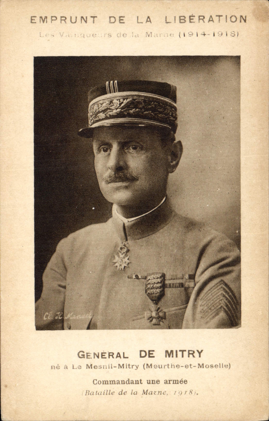 VINTAGE POSTCARD Fantasy Militaria General Loan of the Release Winners of the Marne of Mitry Mesnil-Mitry