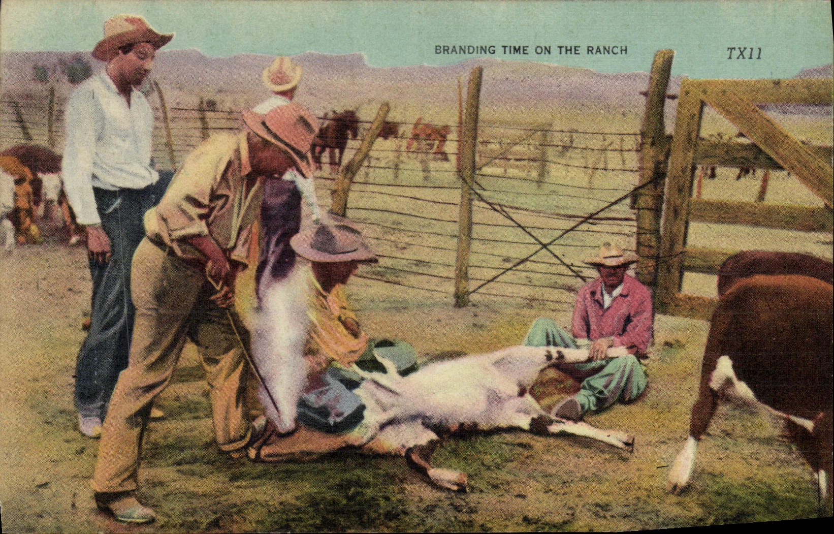 Indios del oeste lejanos del muchacho del criado de la vaca de la POSTAL de la VENDIMIA que califican el tiempo uno el rancho