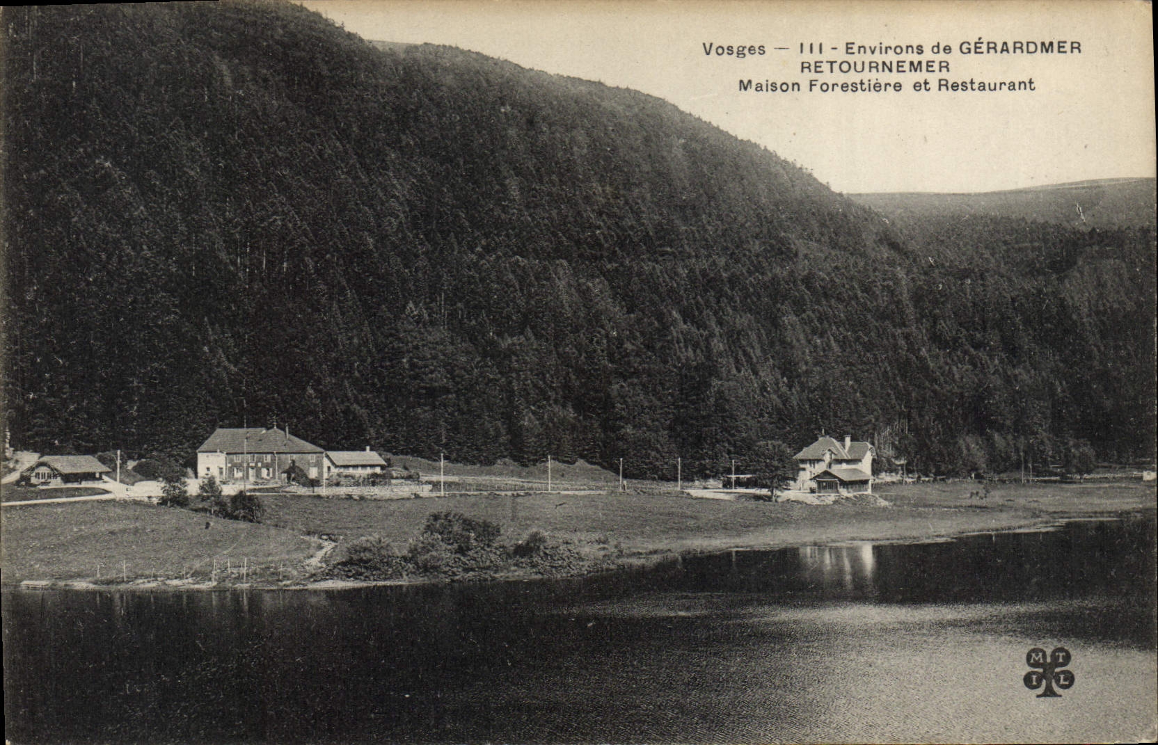 El taladro de la POSTAL de la VENDIMIA los alrededores de Vosges de Gerardmer Retournemer contiene el forestiere y la restauración