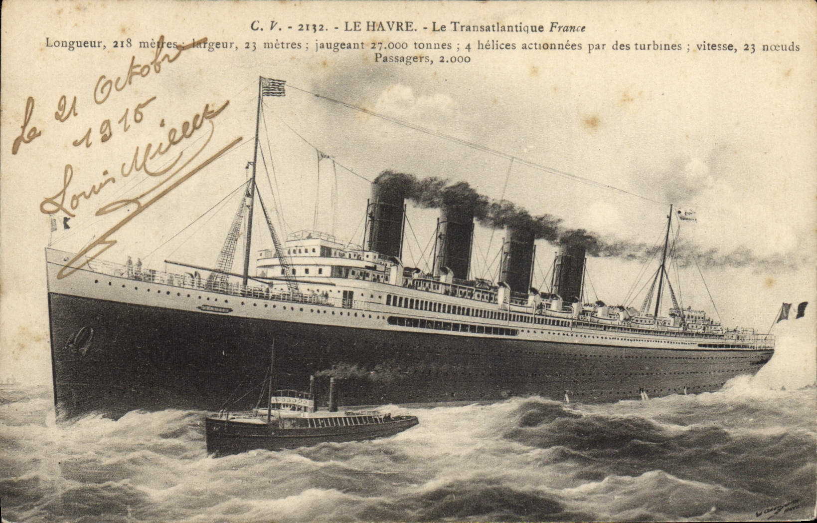 VINTAGE POSTCARD Boat Steamer Le Havre the Deck chair France