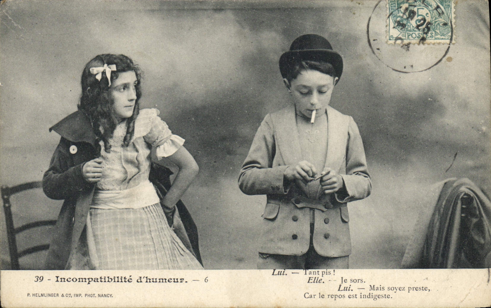 VINTAGE POSTCARD Fantasy Incompatabilite Children of mood Tobacco Cigarette