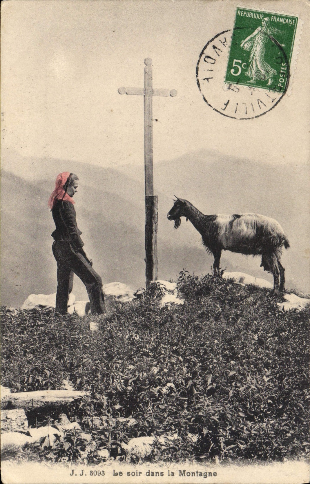 VINTAGE POSTCARD Goat the evening in the mountain Folklore