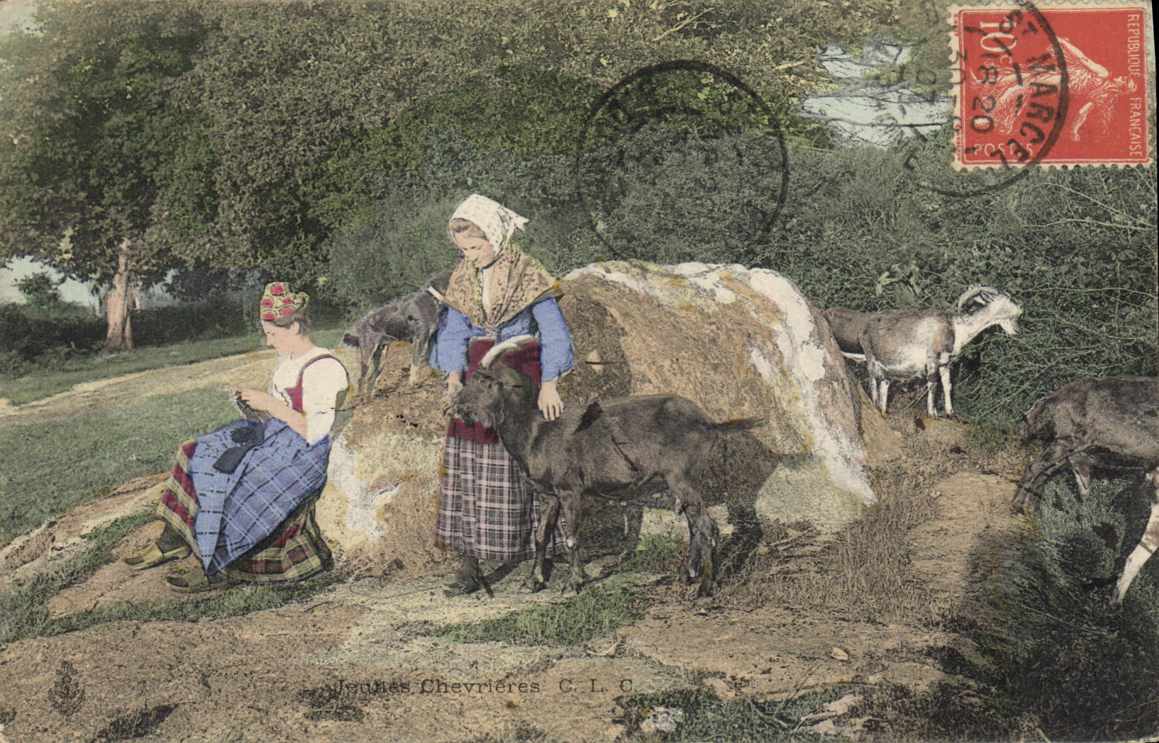 VINTAGE POSTCARD Goat Young people chevrieres