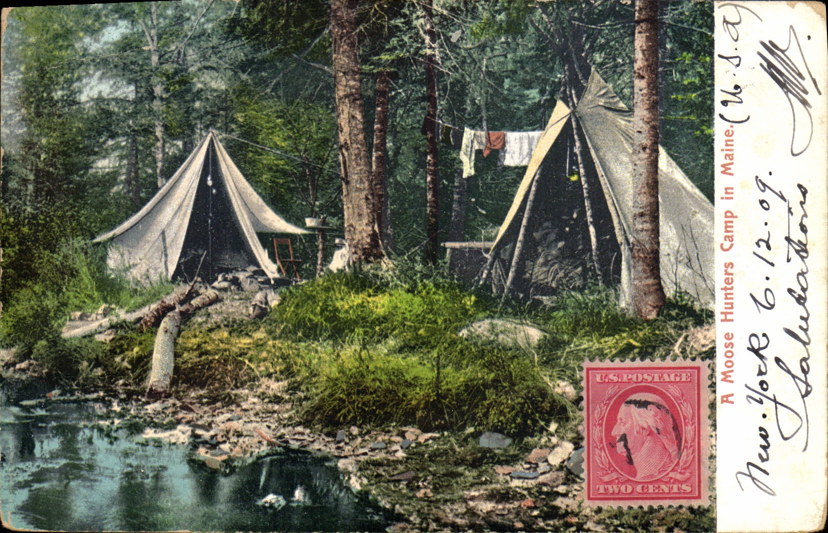 CPA Far West Cow Boy A Moose hunters Camp Camp in Maine Indiens