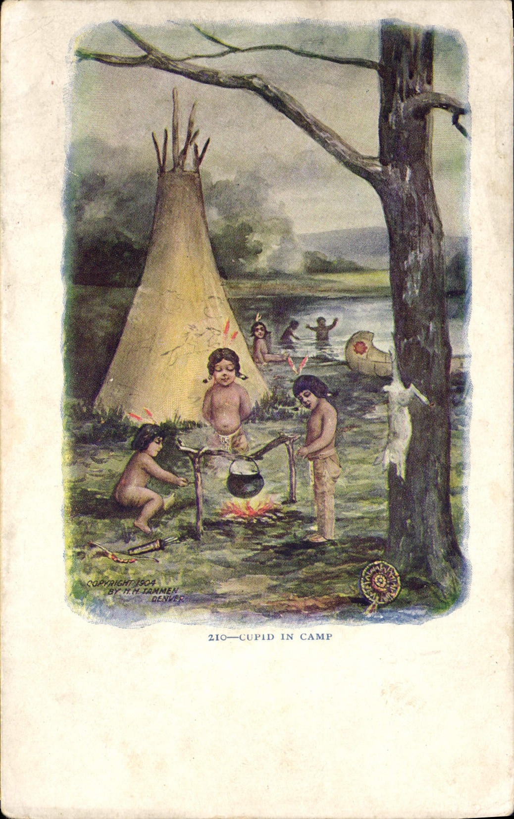 CPA Far West Cow Boy cupid in camp Indiens