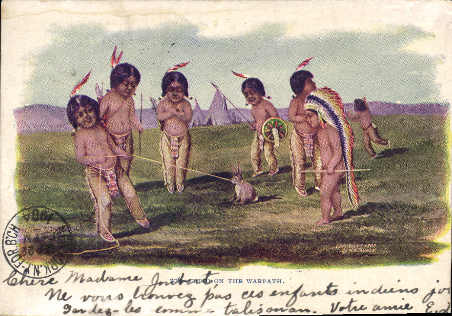 VINTAGE POSTCARD Far West Cow Servant boy Cupid one the Warpath