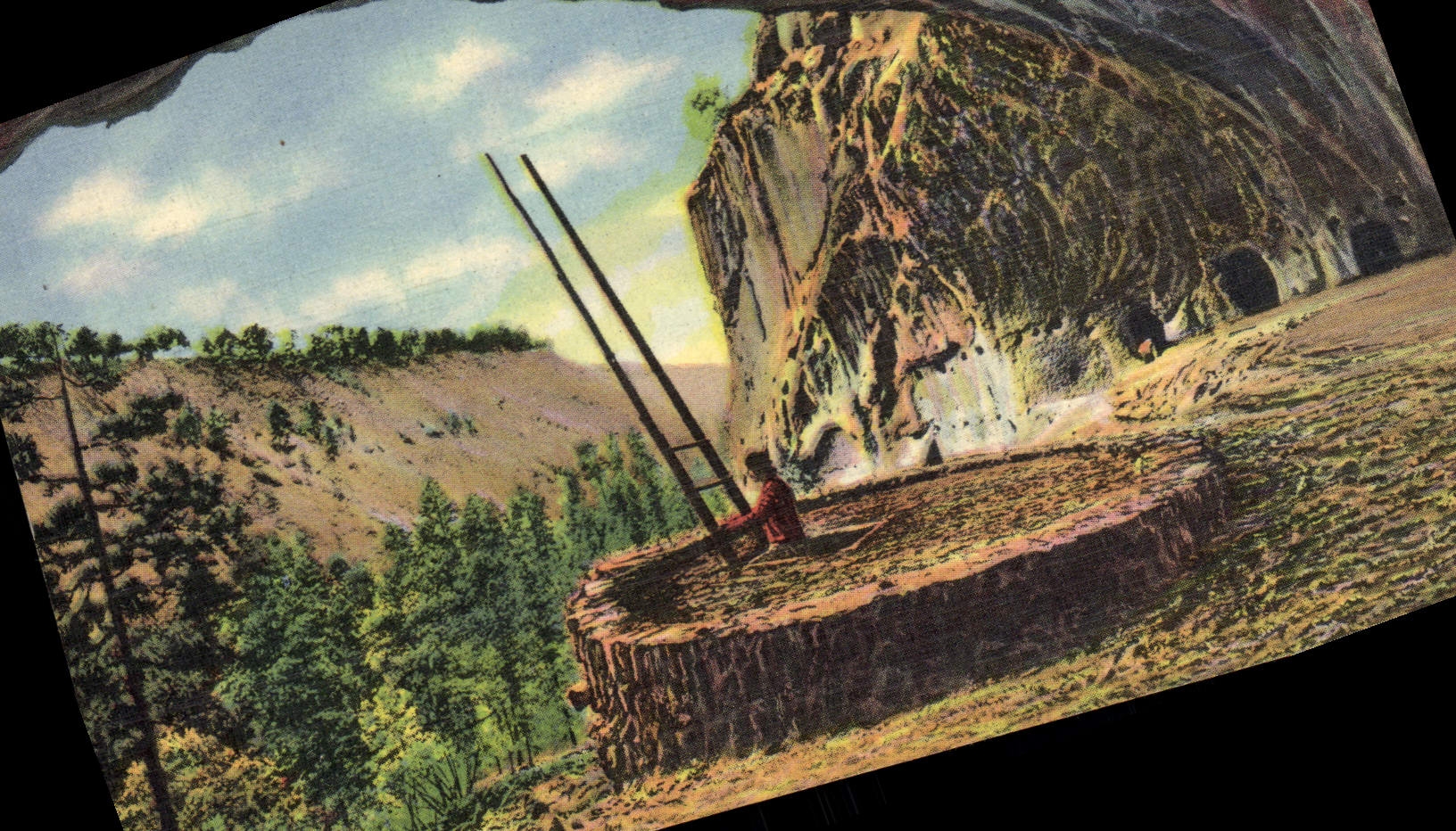 VINTAGE POSTCARD Far West Cow Boy Kiva off ancient cliff dwellers in ceremonial undermines Los Frijoles Canyon New Mexico City