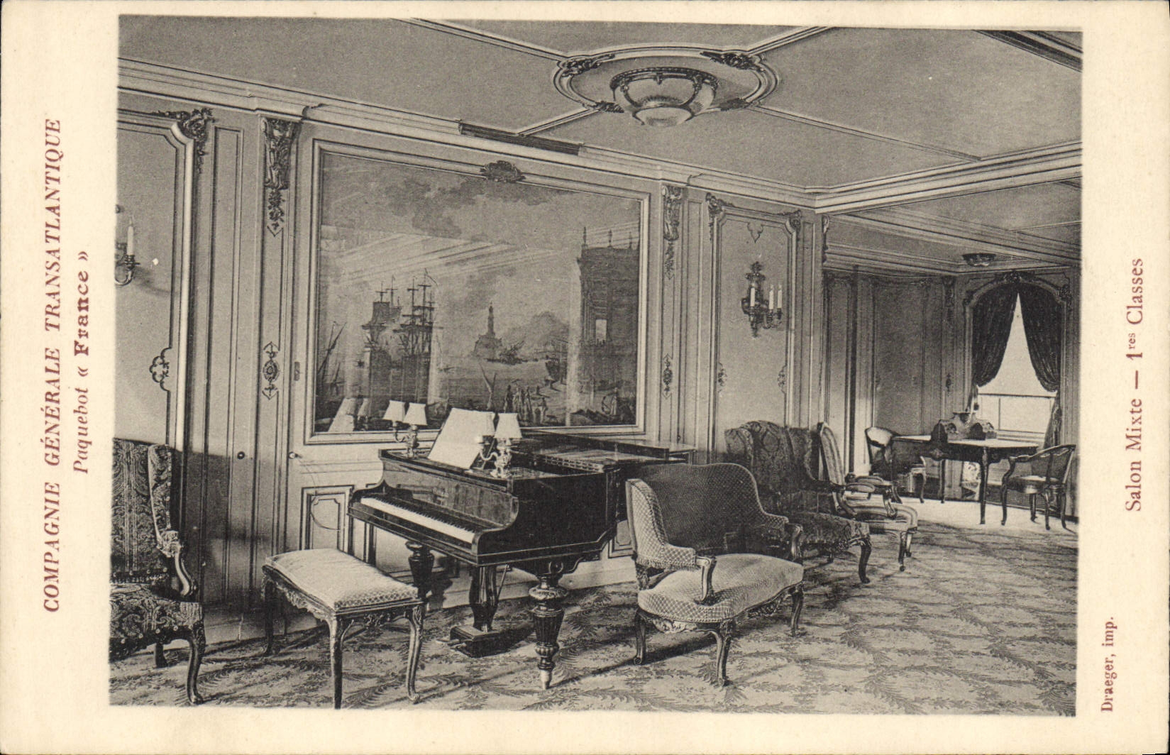 VINTAGE POSTCARD Boat Steamer France General Company Transatlantic Living room mixete 1st classes