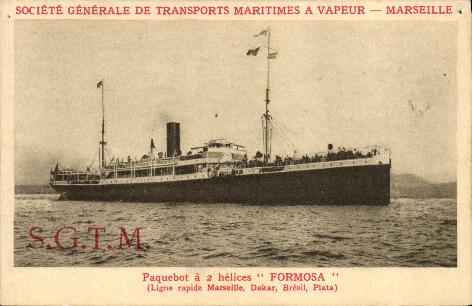 VINTAGE POSTCARD Bateau Steamer has 2 propellers fast Formosa SGTM Ligne Marseilles Dakar Bresil Plata