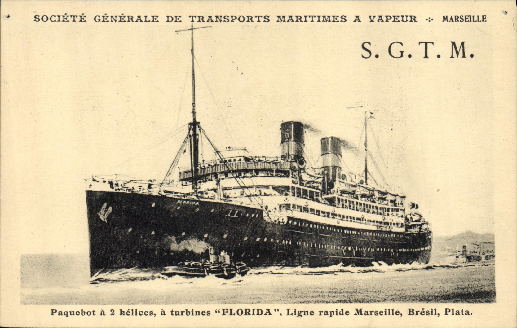 VINTAGE POSTCARD Boat Steamer SGTM Florida fast line Marseilles Plata Brazil