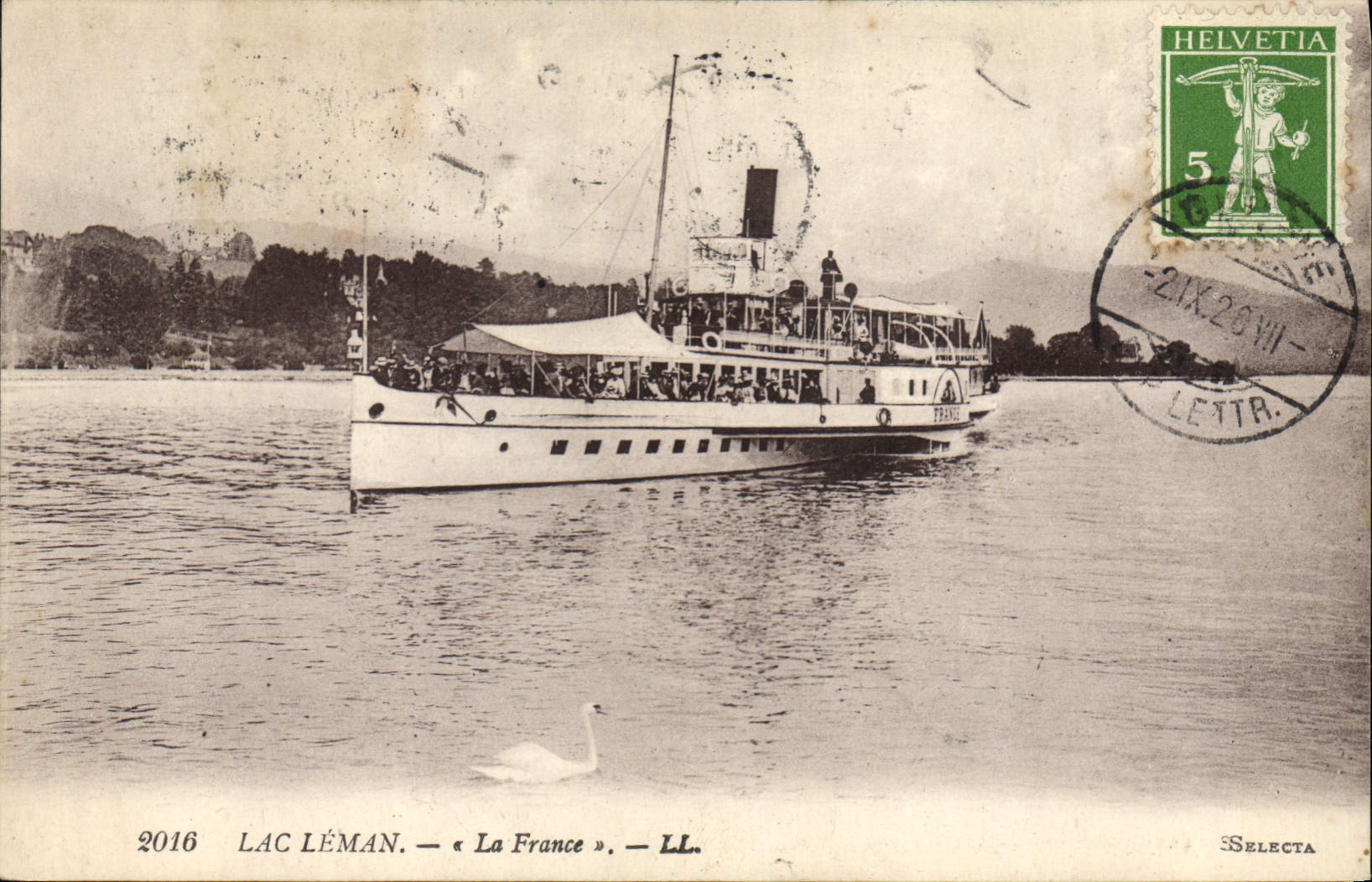 VINTAGE POSTCARD Boat Lake Leman France Swan