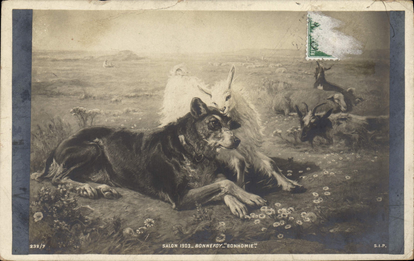 VINTAGE POSTCARD Goat Living room 1903 Bonnefoy Catch Dog