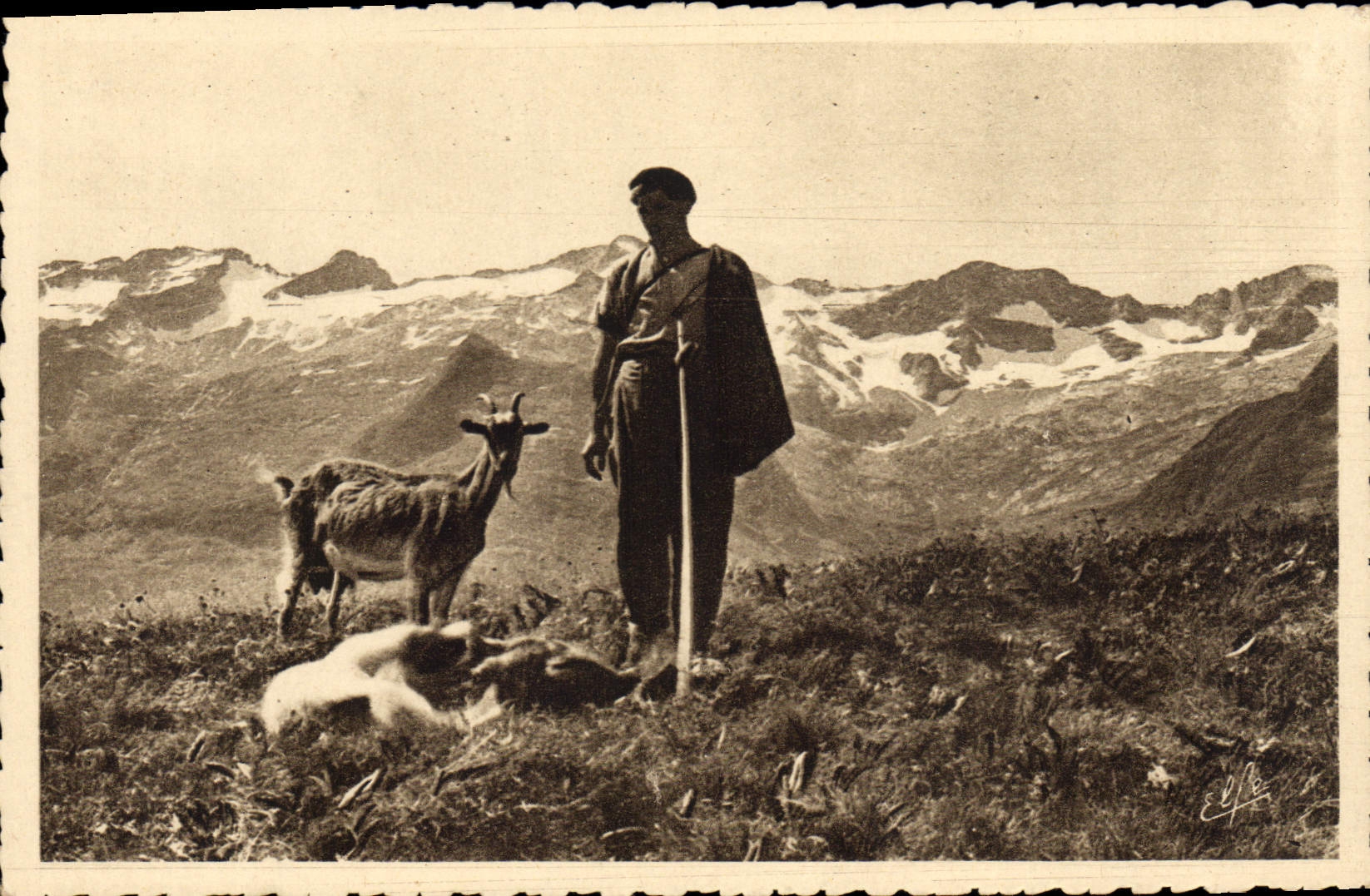 VINTAGE POSTCARD Chevre Luchon Superbagneres chains border a shepherd