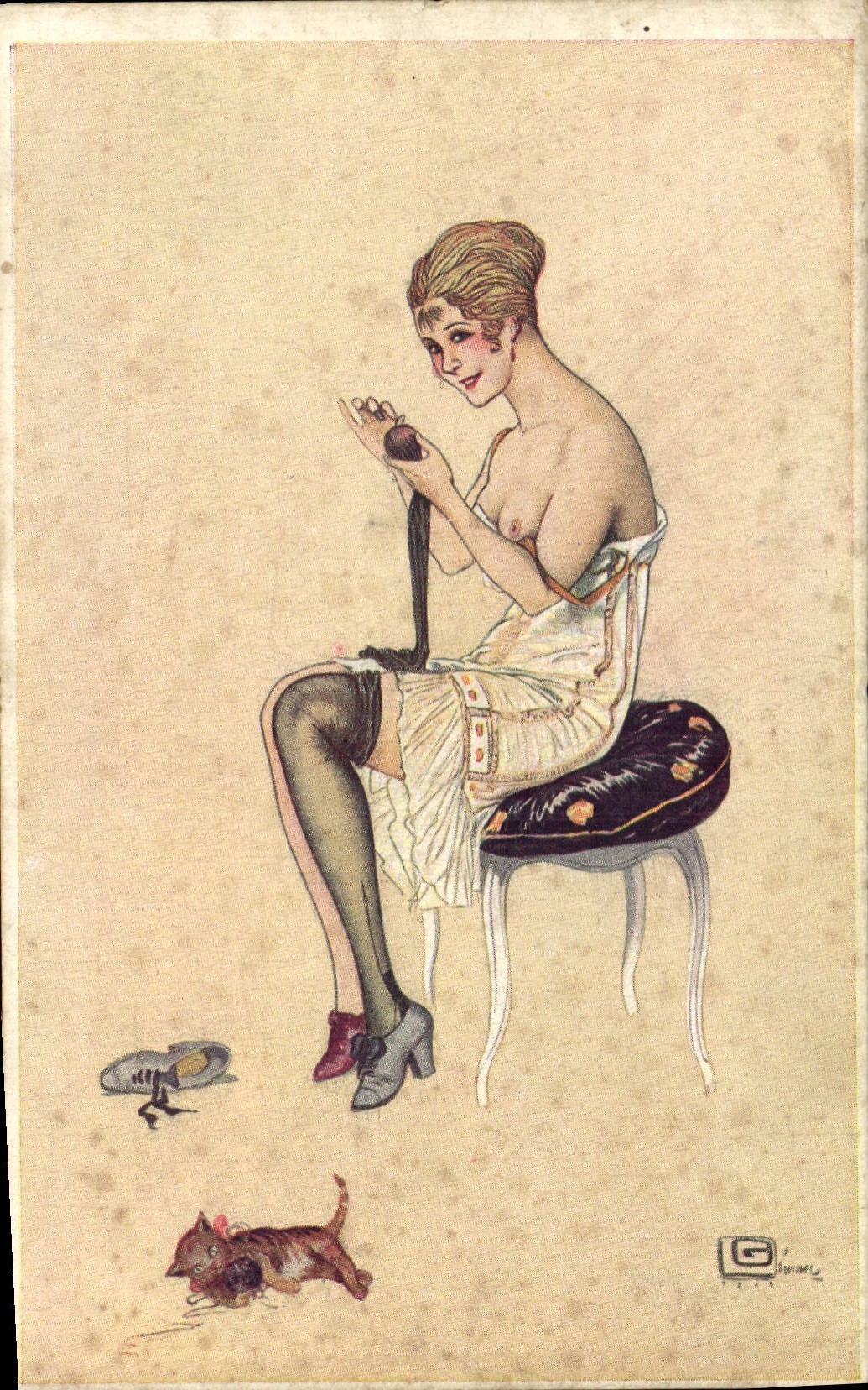 VINTAGE POSTCARD Fantasy Illustrator Leonnec Woman Cat Kitten