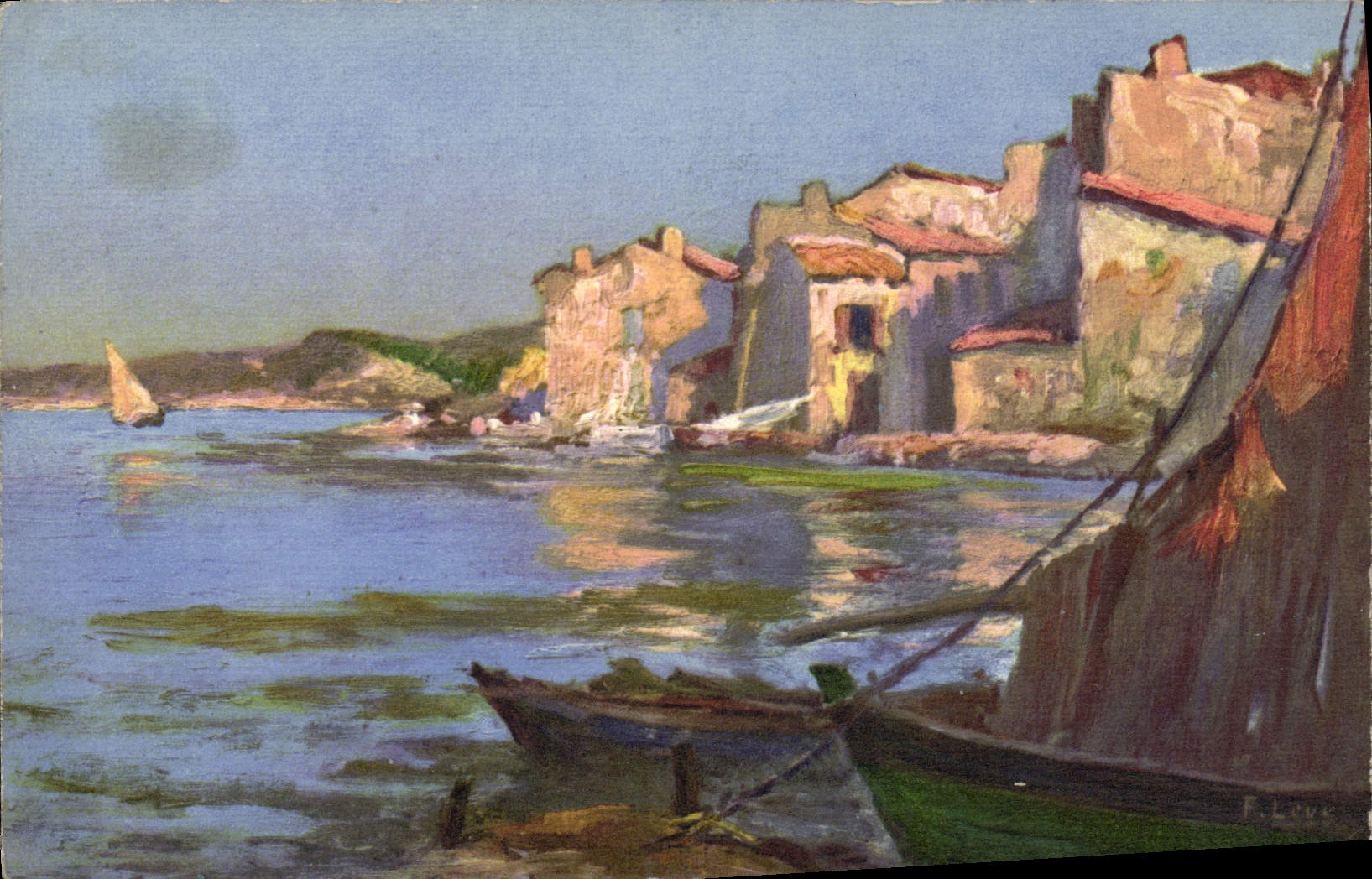 VINTAGE POSTCARD Fantasy Illustrator Raised Boat Seen on Martigues and the pond of Berre