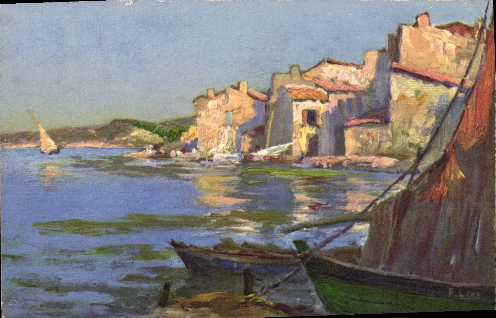 CPA Fantaisie Illustrateur Leve Bateau Vue sur Martigues et l'etang de Berre