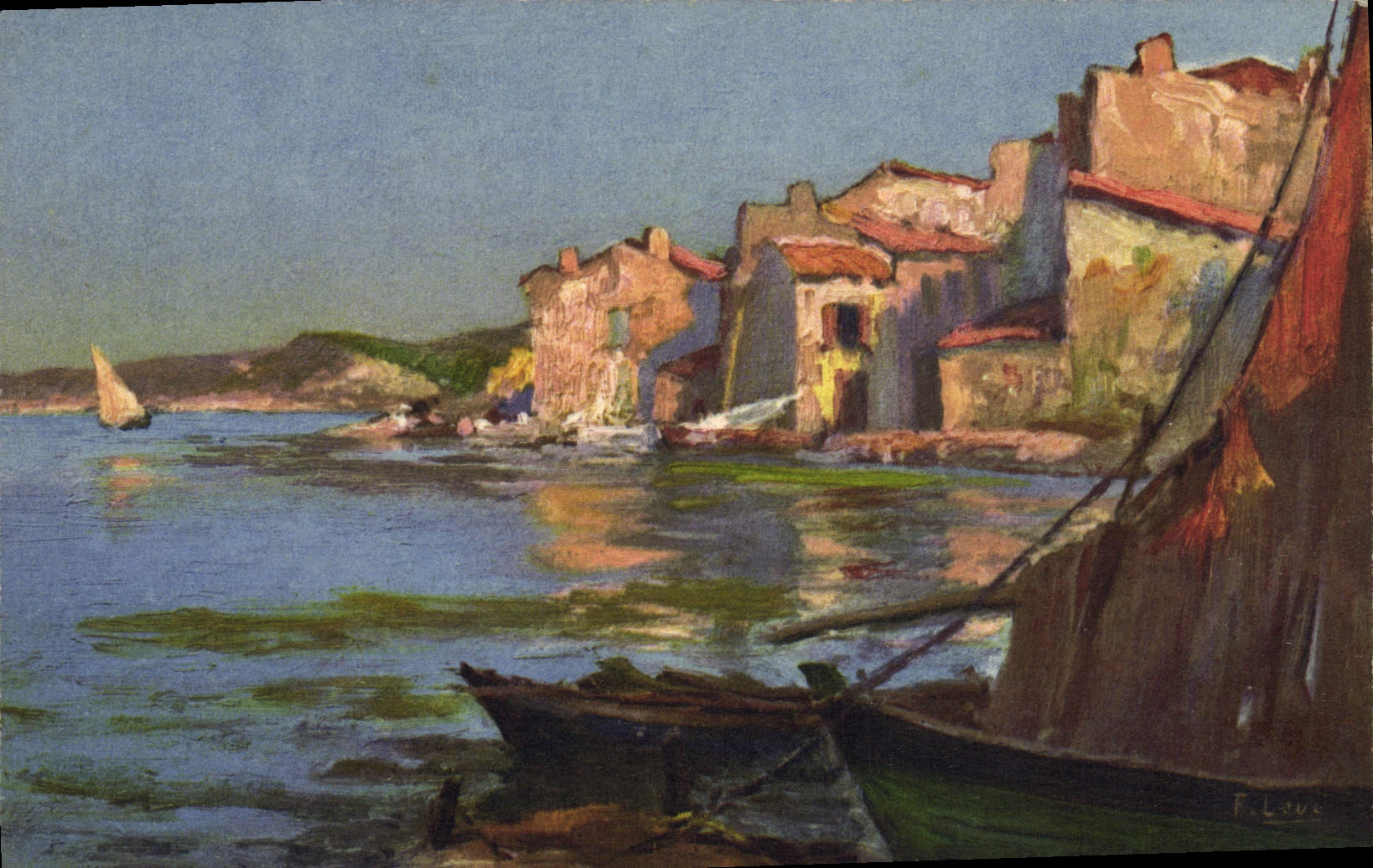 CPA Fantaisie Illustrateur Leve Bateau Vue sur Martigues et l'etang de Berre