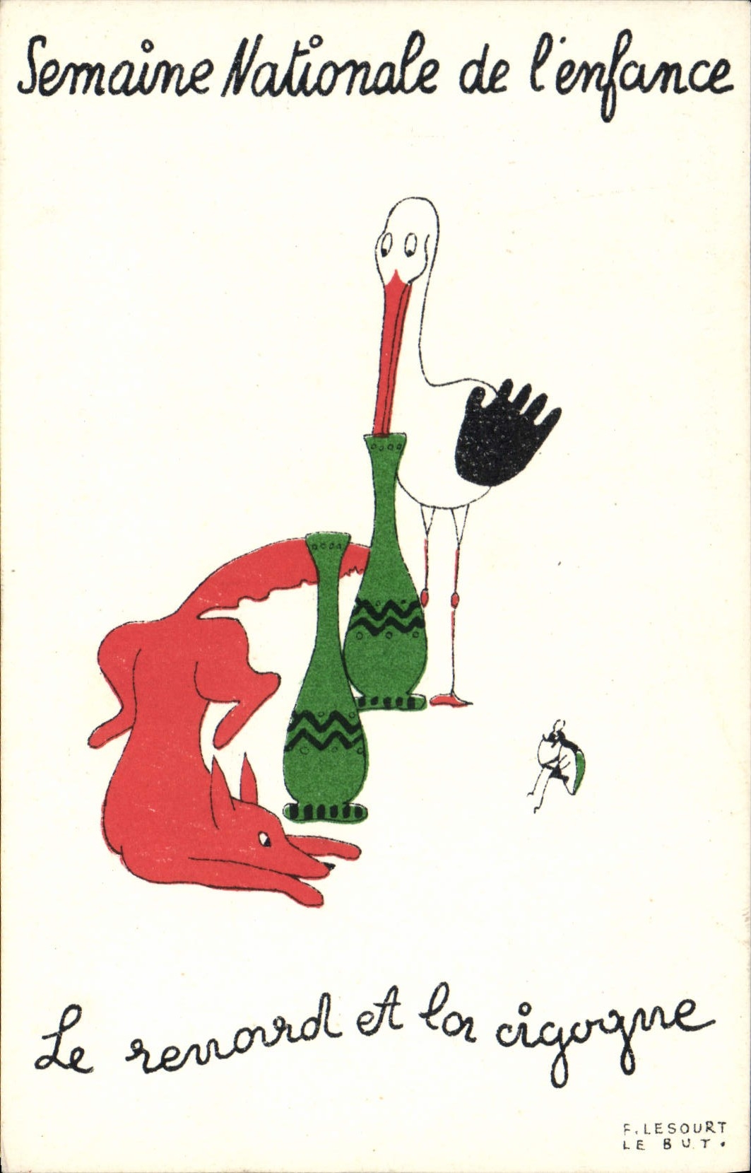 CPA Fantaisie Illustrateur Le Sourt Semaine nationale de l'enfance Le renard et la cigogne
