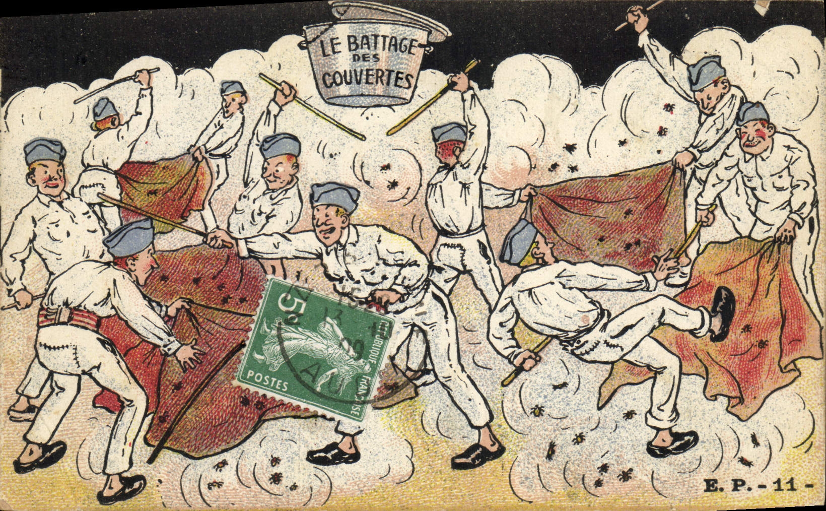 CPA Fantaisie Militaria Le battage des couvertes 