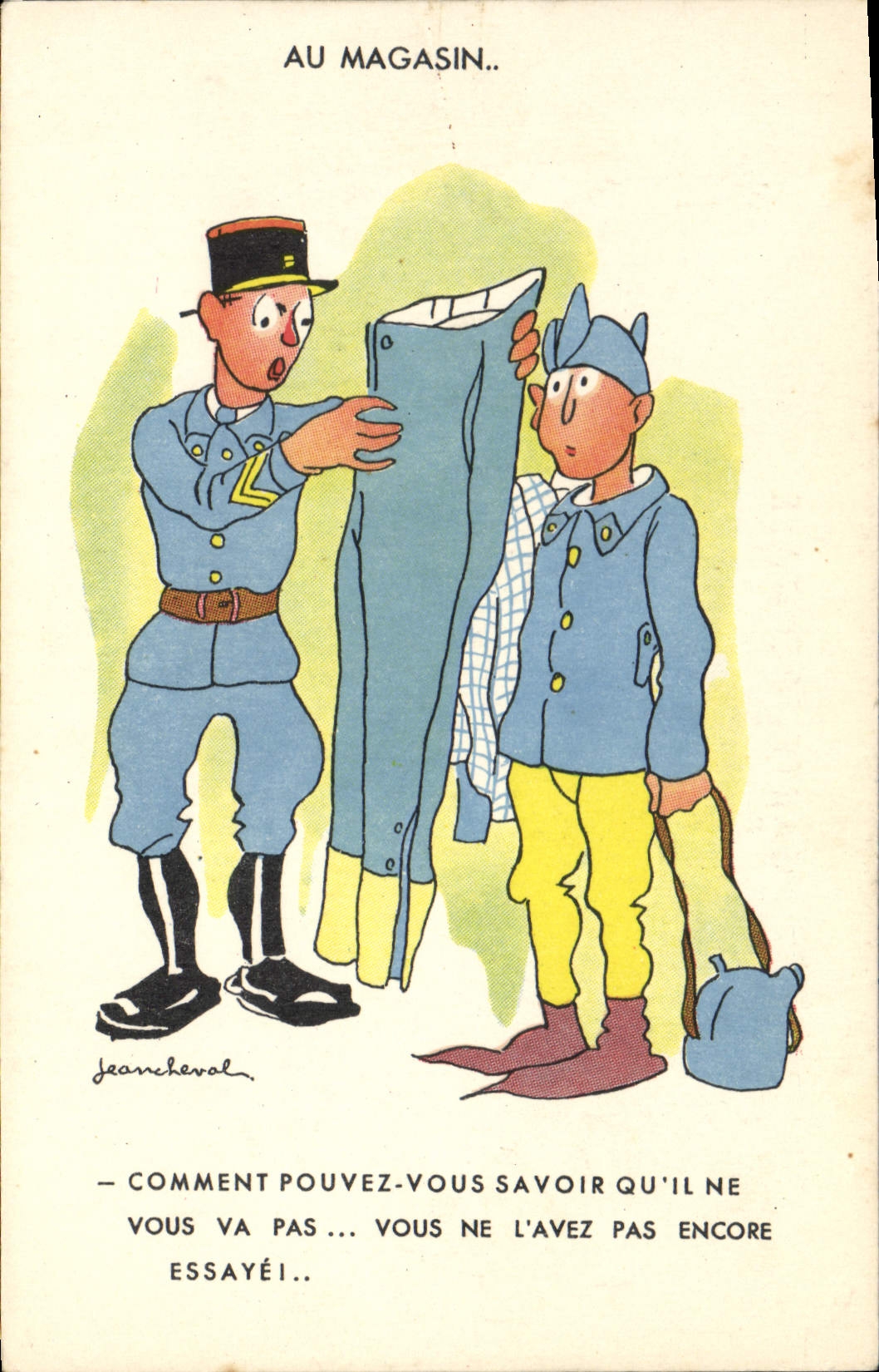 CPA Fantaisie Militaria Au magasin Jean Cheval